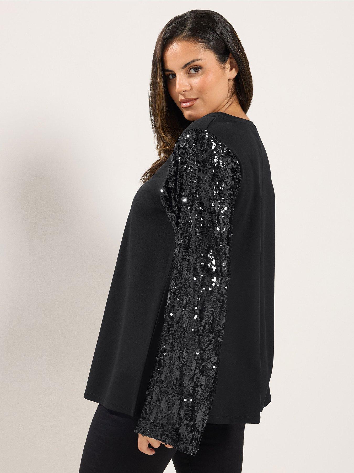 Image 2 of 4 of Yours Womens Curve Sequin Sleeve Swing Top - Black
