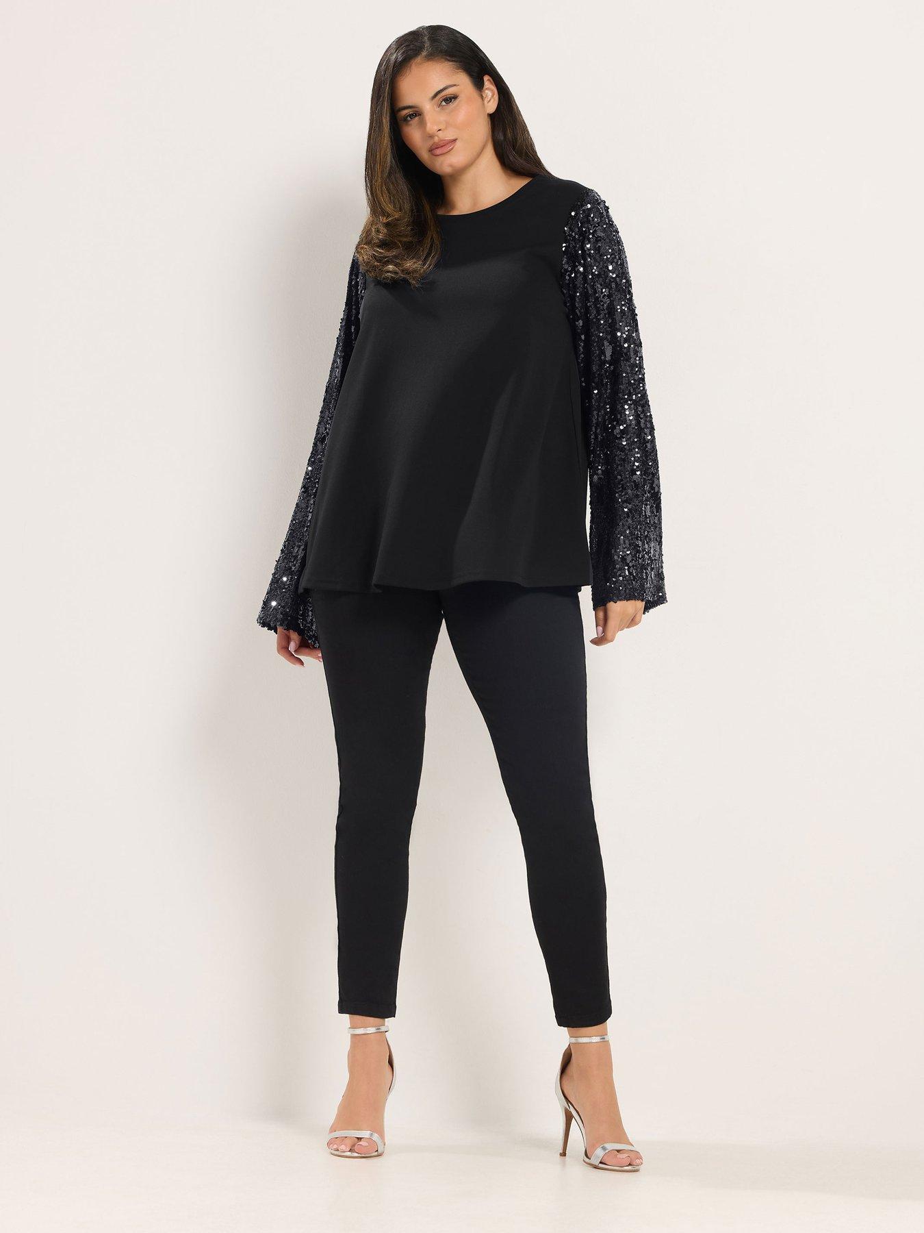 Image 3 of 4 of Yours Womens Curve Sequin Sleeve Swing Top - Black