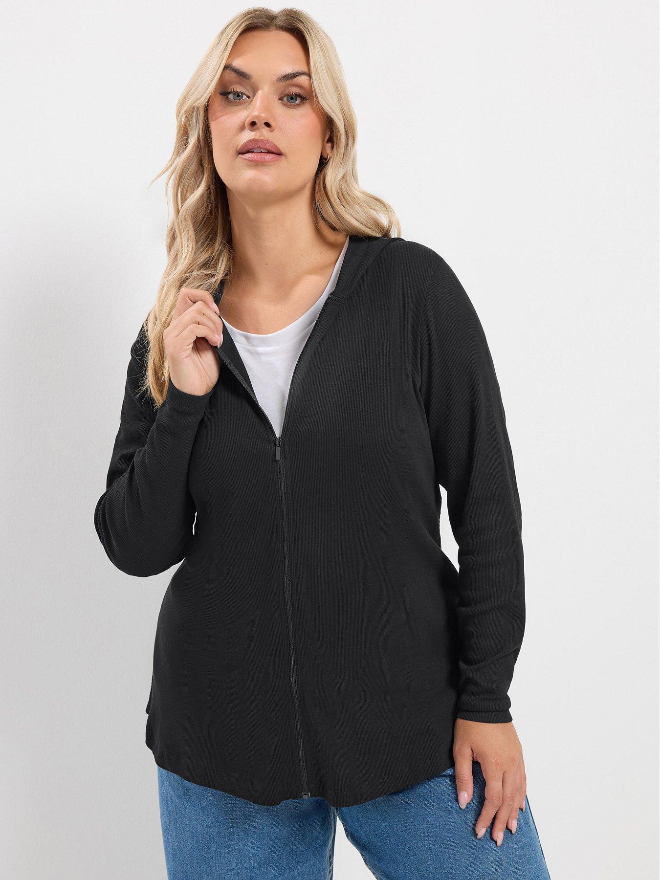 Image 1 of 4 of Yours Womens Curve Full-Zip Hooded Longline Top - Black