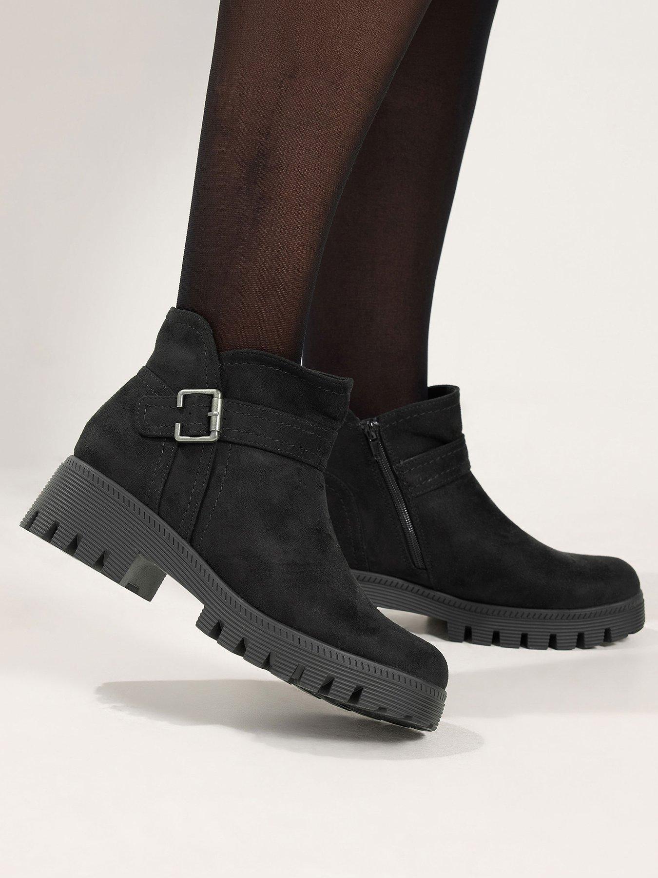Image 1 of 4 of Yours Womens Wide Fit Buckle Low Wedge Boots - Black