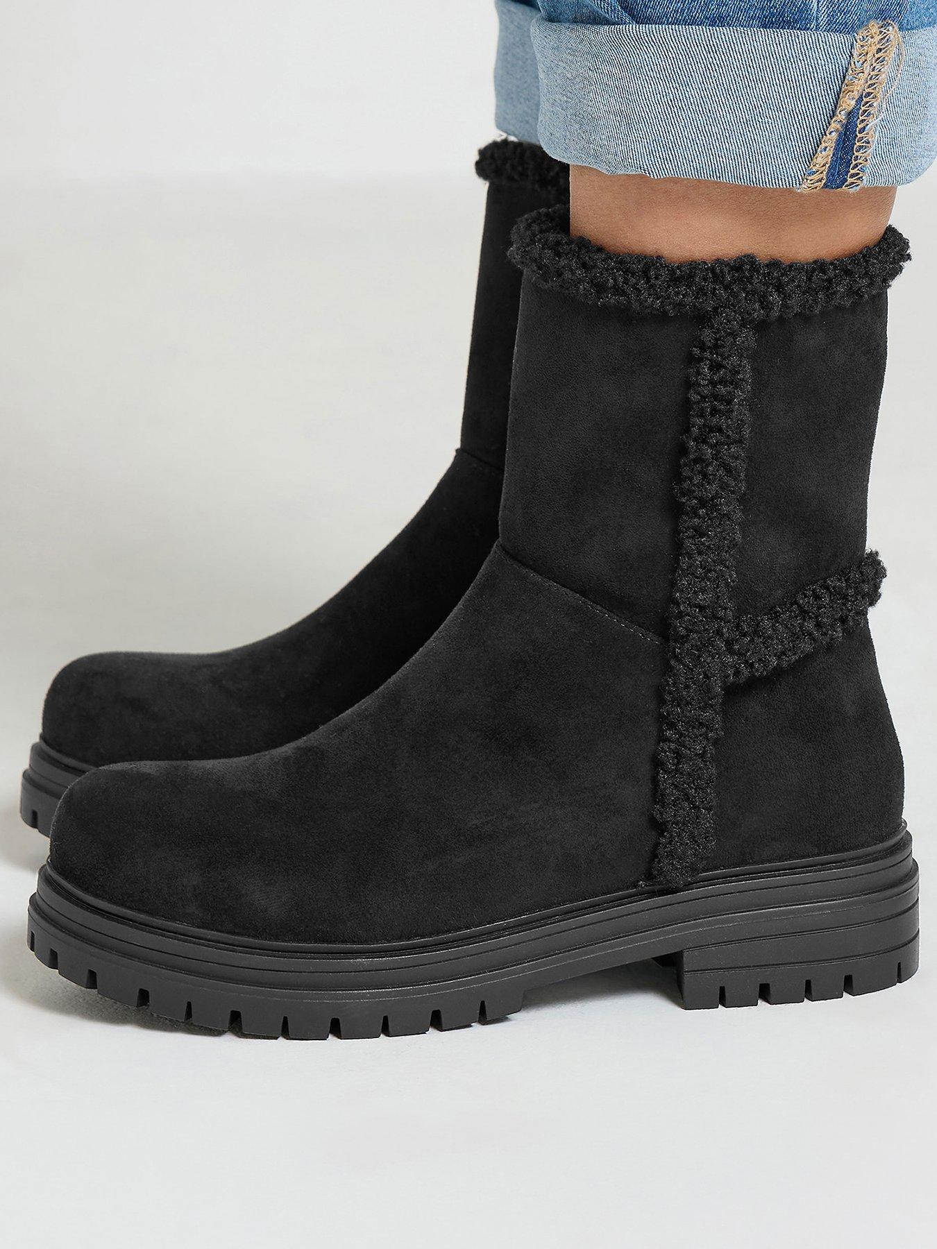 Image 1 of 4 of Yours Womens Extra Wide Fit Faux Fur Cleated Ankle Boots - Black