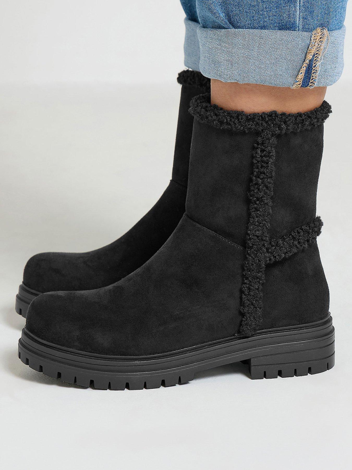 Image 1 of 4 of Yours Womens Wide Fit Faux Fur Cleated Ankle Boots - Black