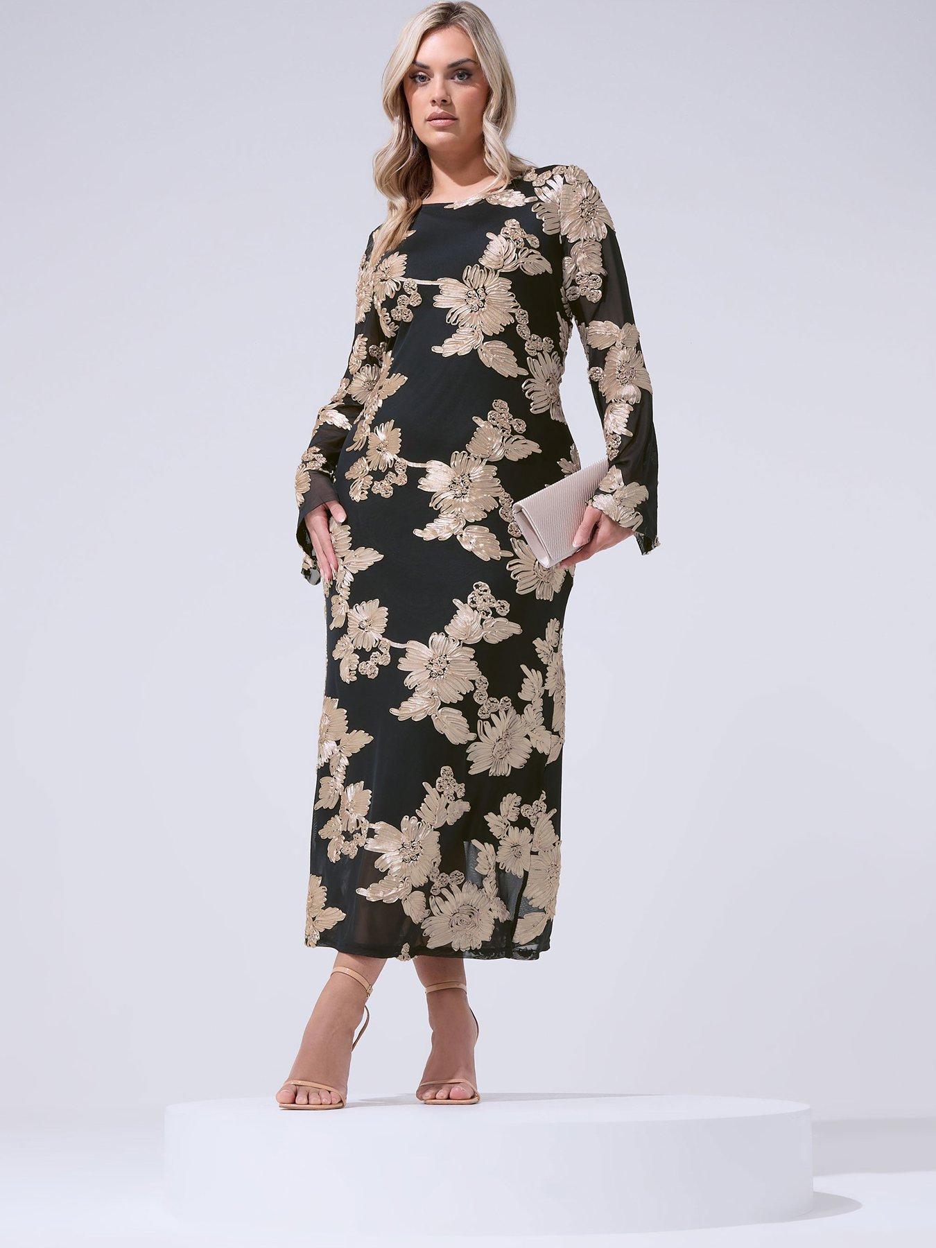 Image 1 of 4 of Yours Curve Mesh Cornelli Long Sleeve Maxi Dress