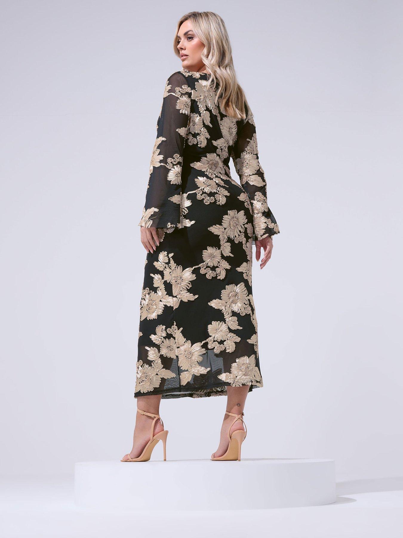 Image 2 of 4 of Yours Curve Mesh Cornelli Long Sleeve Maxi Dress