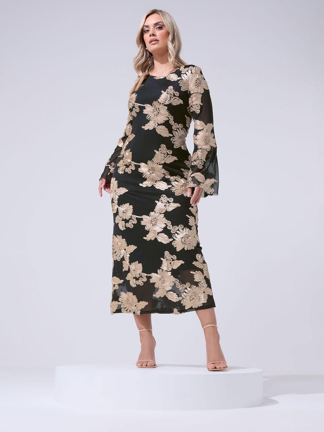 Image 3 of 4 of Yours Curve Mesh Cornelli Long Sleeve Maxi Dress