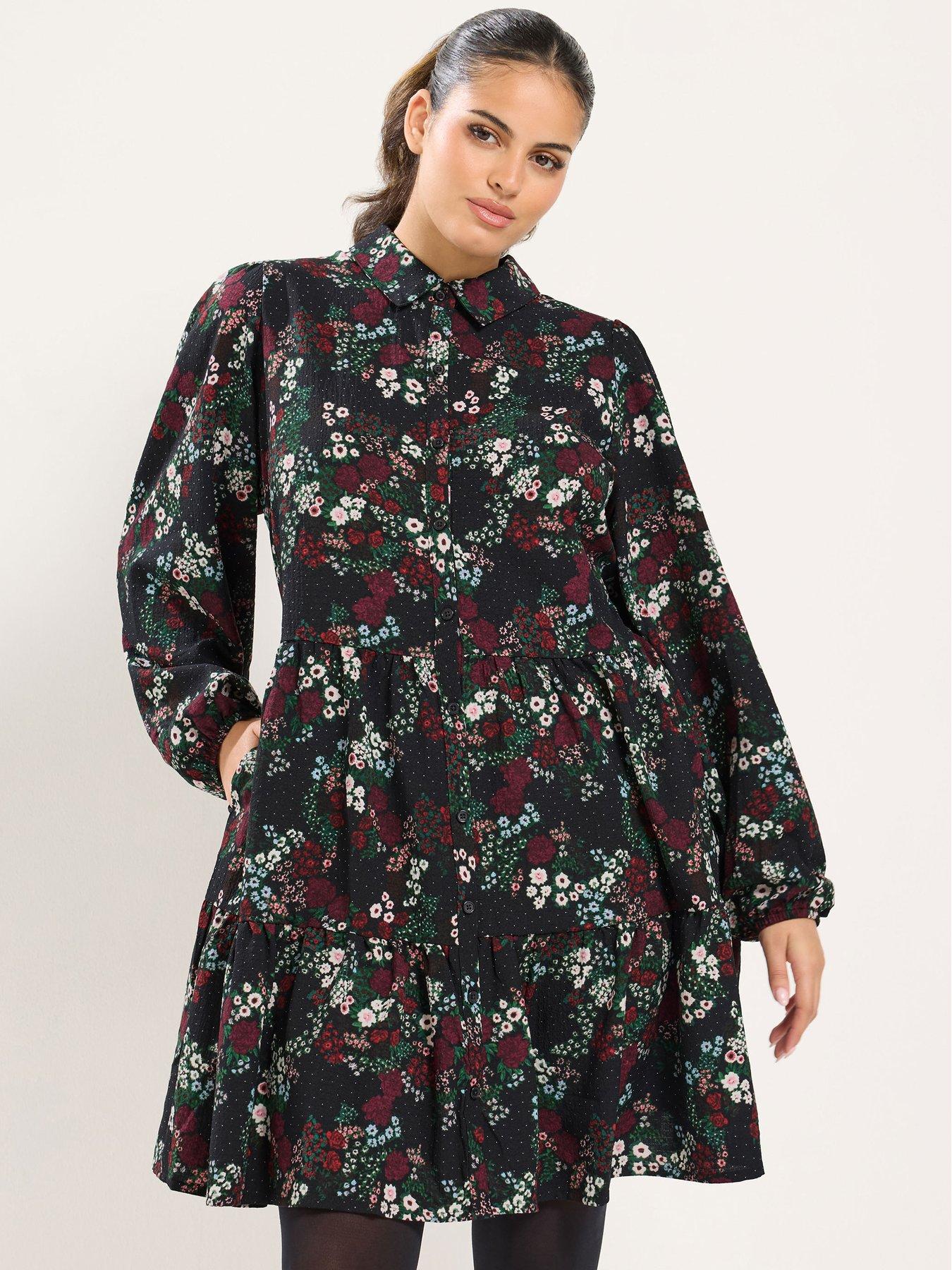 Image 1 of 4 of Yours Womens Curve Mini Button-Through Tiered Shirt Dress - Black