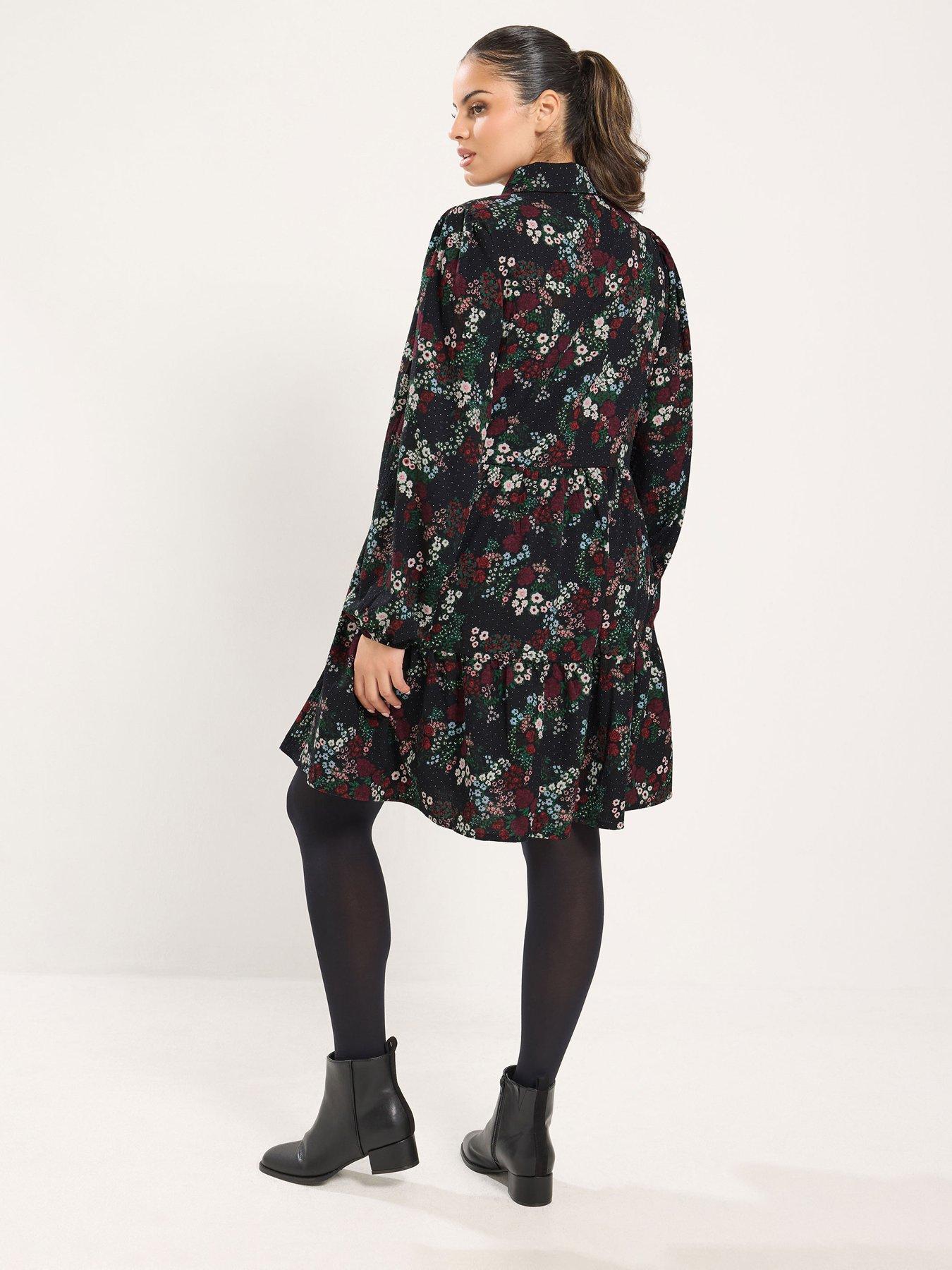 Image 2 of 4 of Yours Womens Curve Mini Button-Through Tiered Shirt Dress - Black
