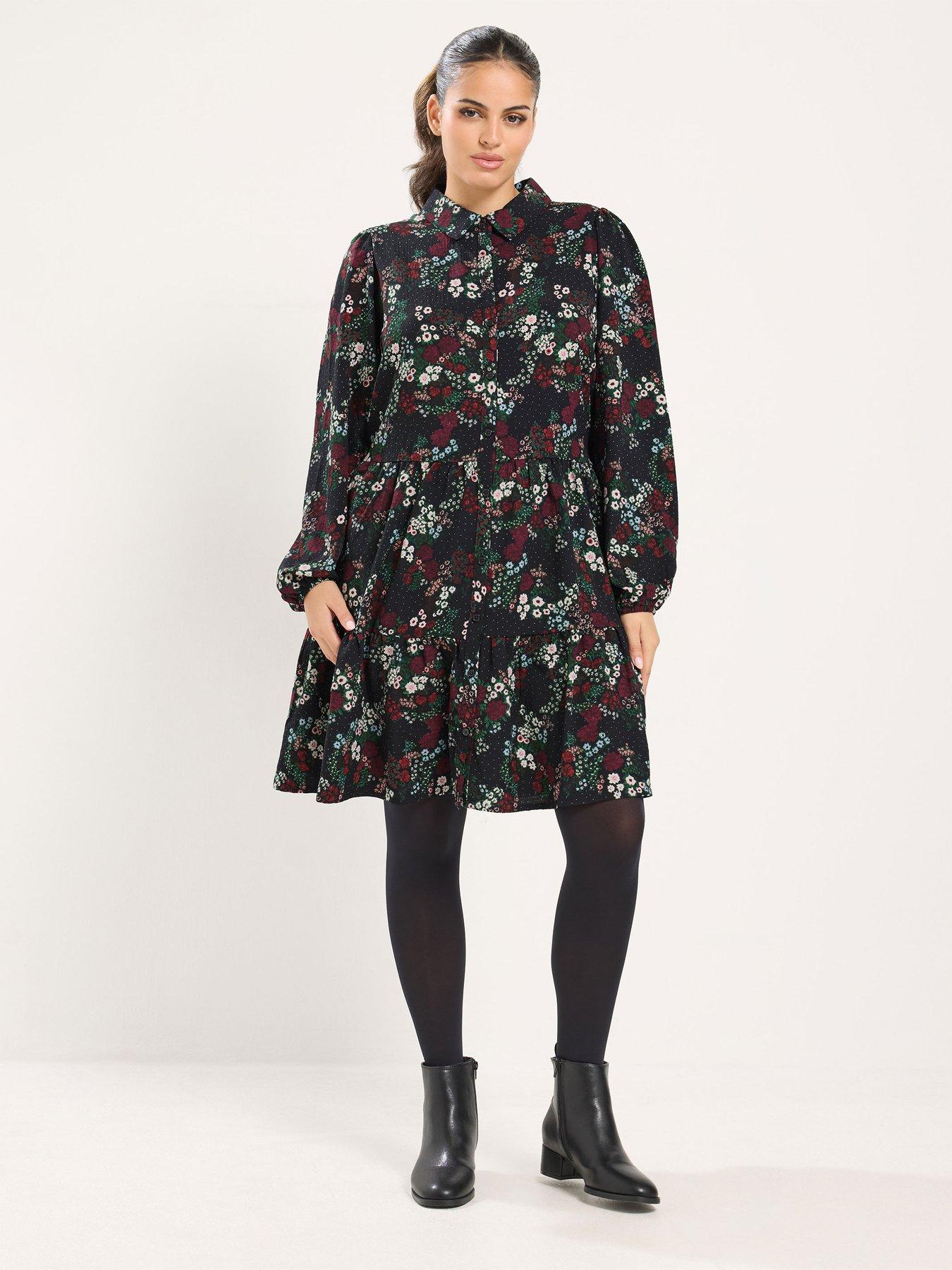 Image 3 of 4 of Yours Womens Curve Mini Button-Through Tiered Shirt Dress - Black