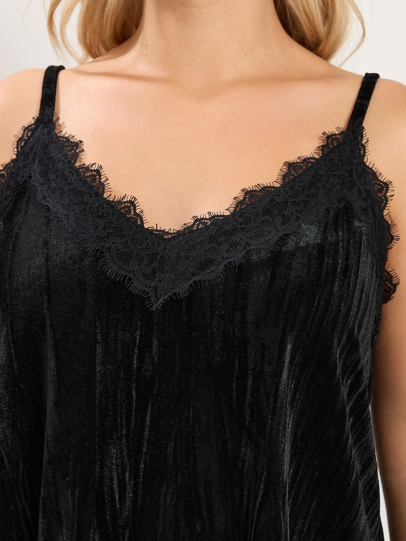 Image 4 of 4 of Yours Womens Curve Lace Velour Cami - Black