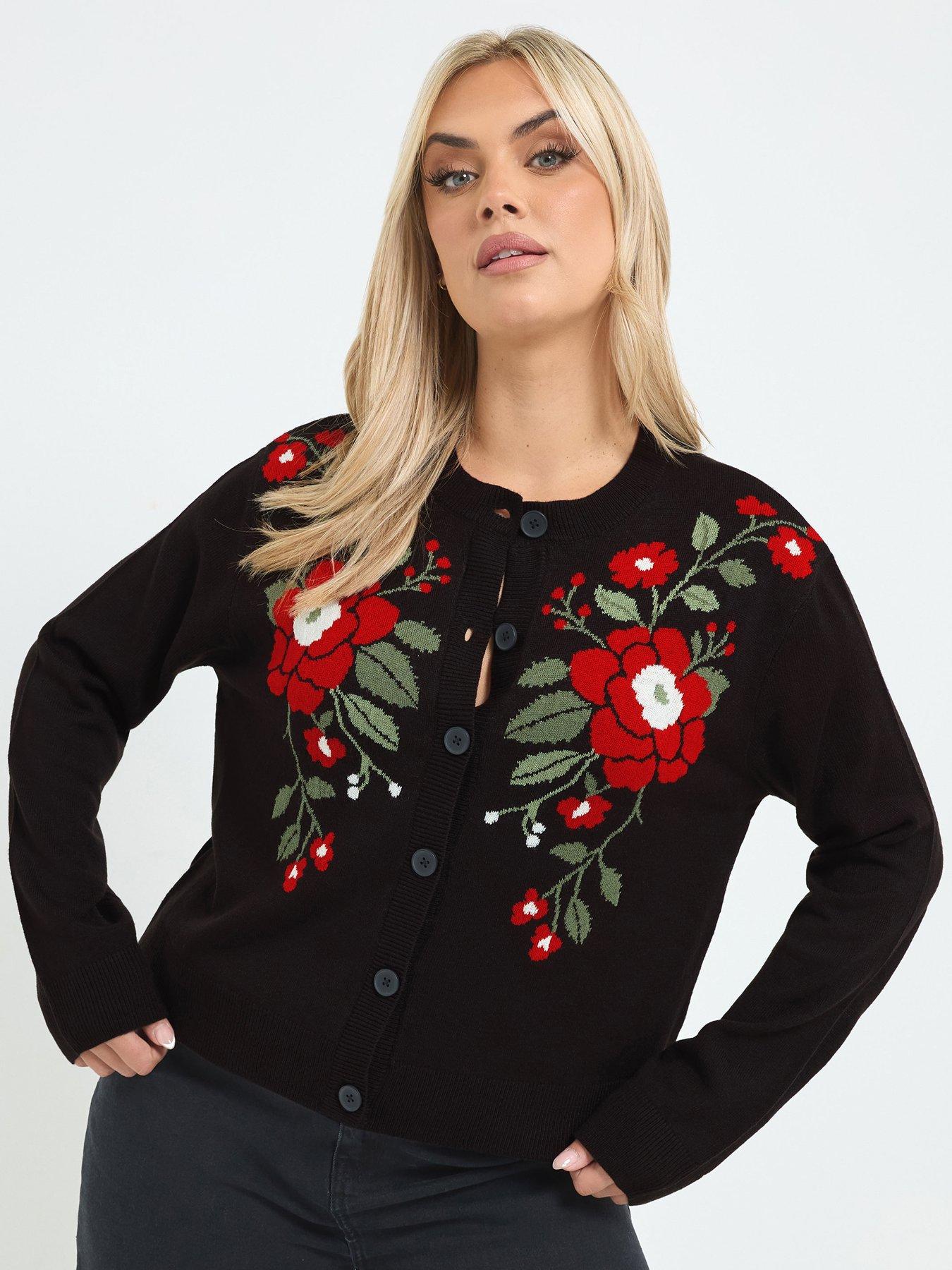 Image 1 of 4 of Yours Womens Curve Front Placement Rose Cardigan - Black