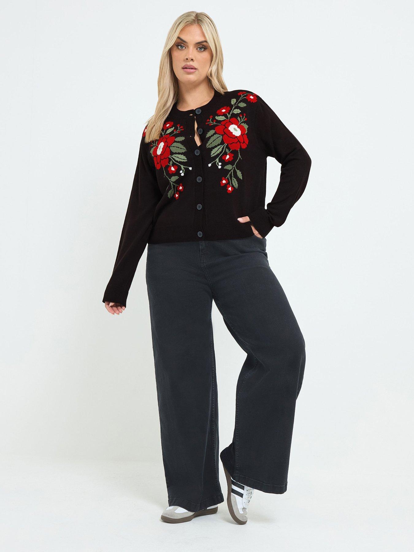 Image 3 of 4 of Yours Womens Curve Front Placement Rose Cardigan - Black