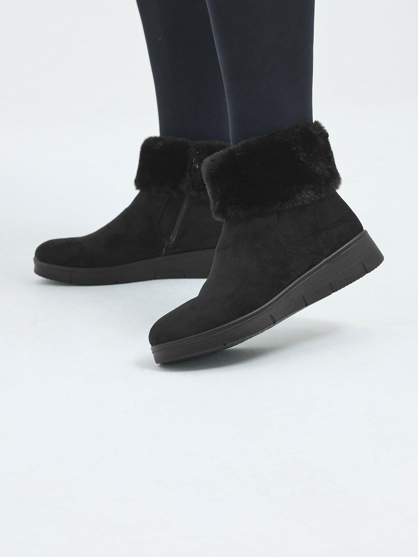 Image 1 of 4 of Yours Womens Wide Fit Low Wedge Faux Fur Ankle Boots - Black