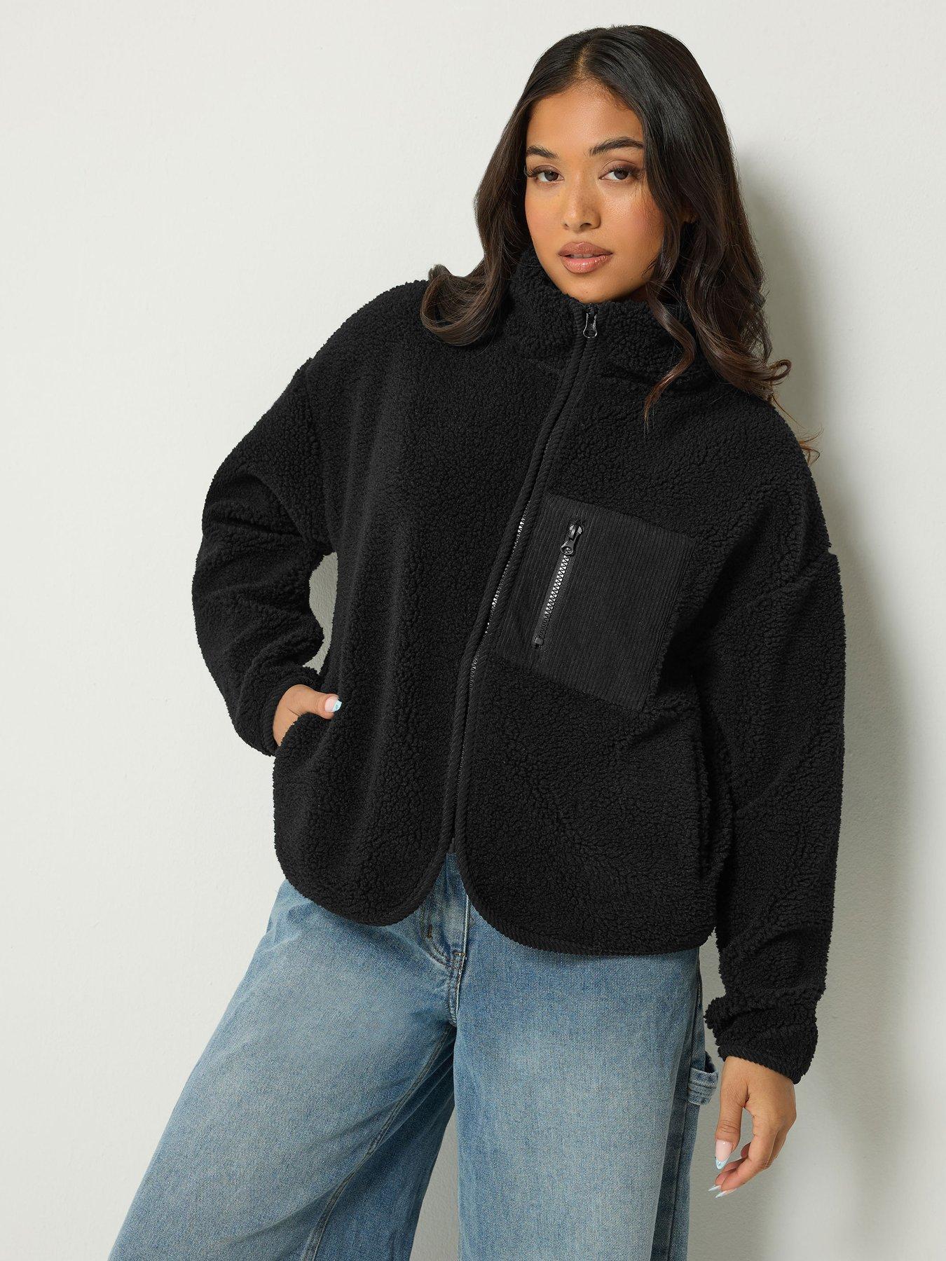 Image 1 of 4 of PixieGirl Womens Petite Zip-Through Borg Cord Pocket Fleece Jacket - Black