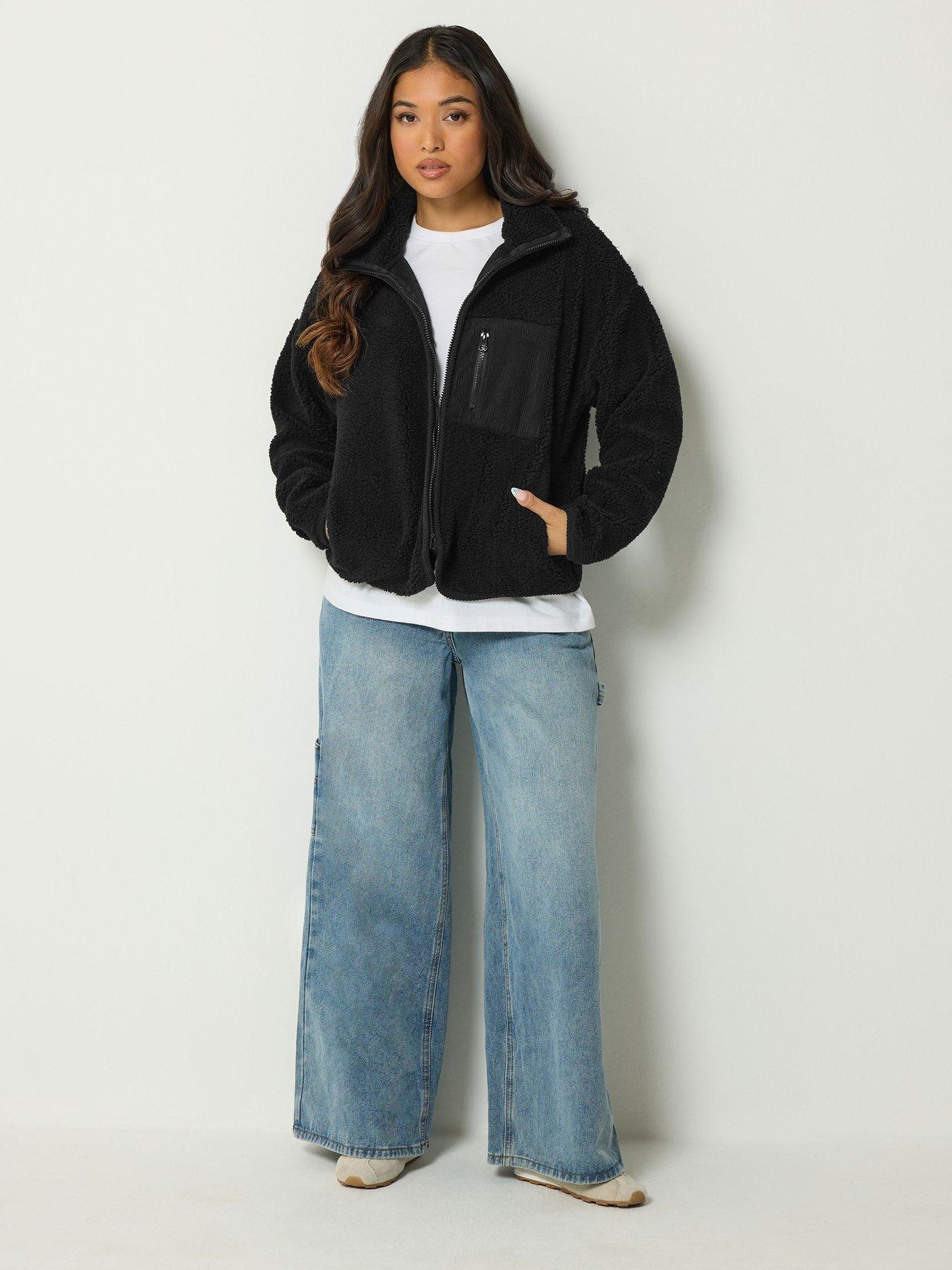Image 3 of 4 of PixieGirl Womens Petite Zip-Through Borg Cord Pocket Fleece Jacket - Black