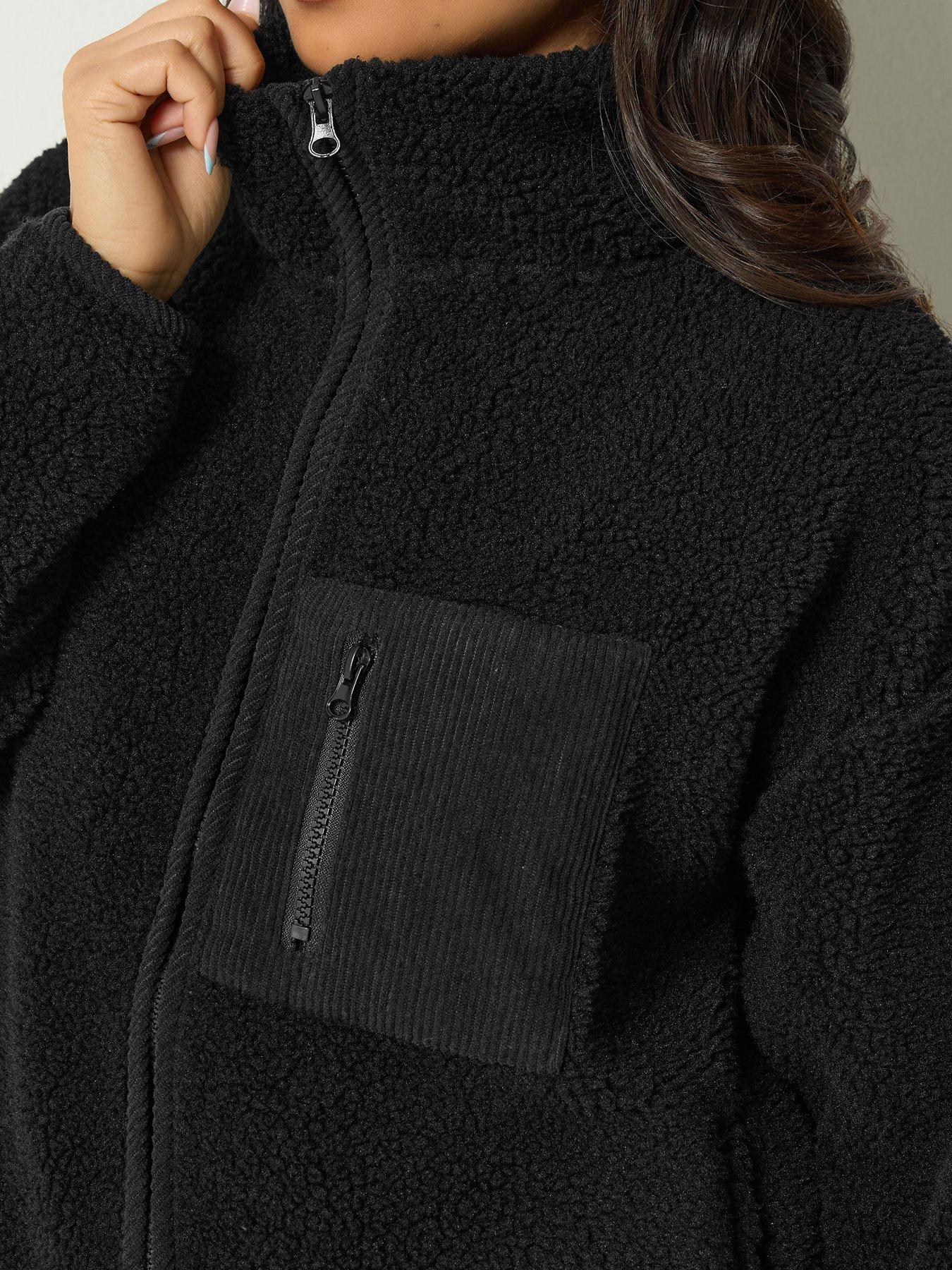 Image 4 of 4 of PixieGirl Womens Petite Zip-Through Borg Cord Pocket Fleece Jacket - Black