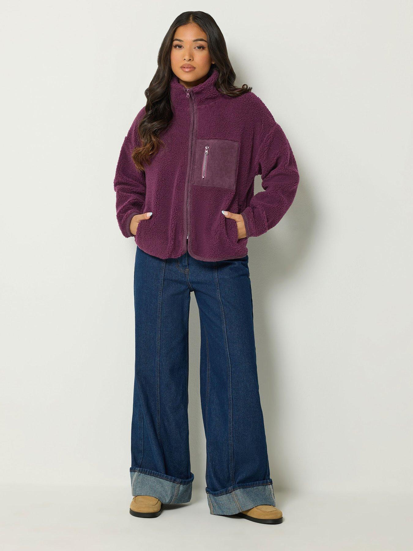 Image 3 of 4 of PixieGirl Womens Petite Zip-Through Borg Cord Pocket Fleece Jacket - Red