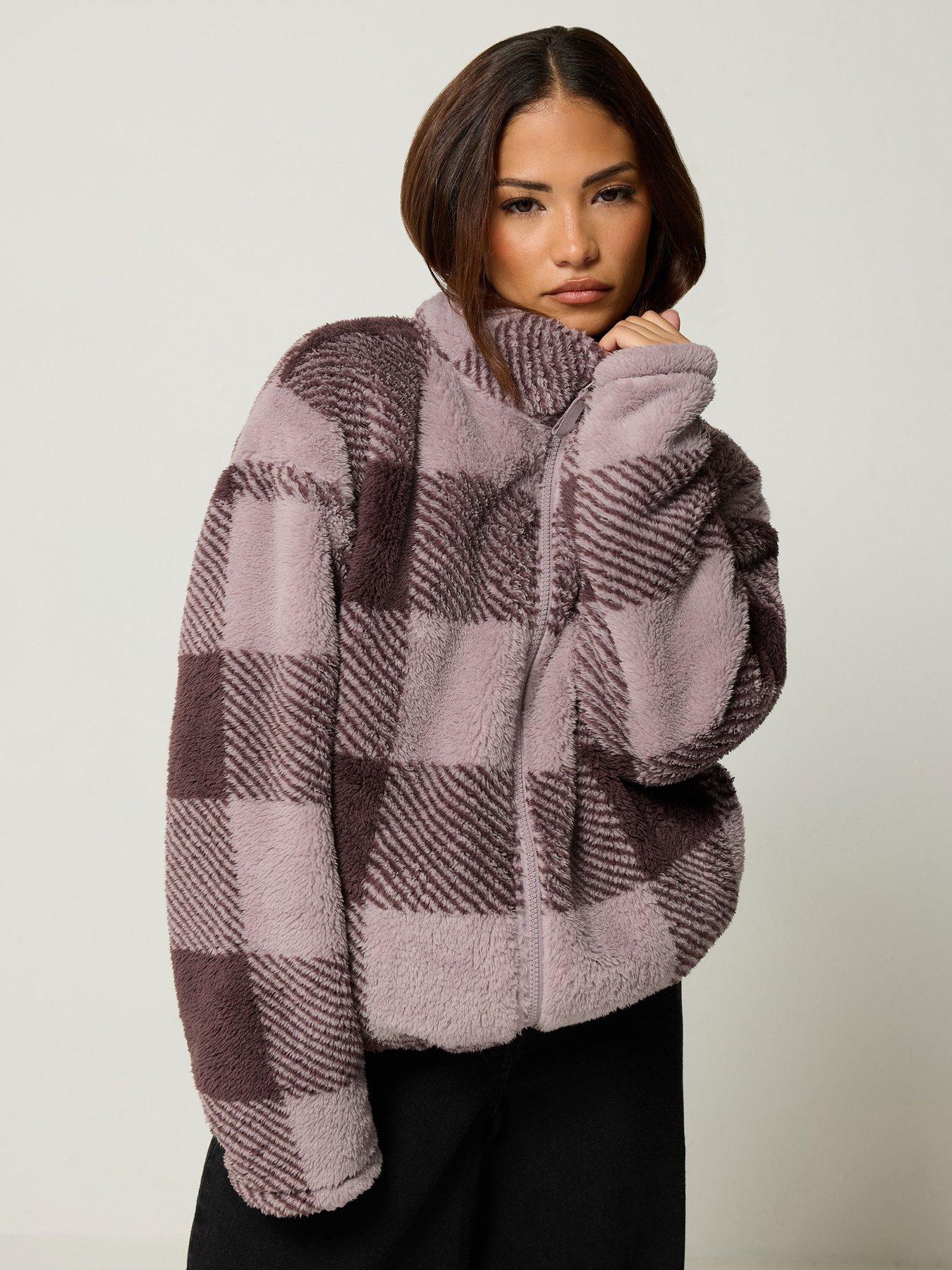 Image 1 of 4 of PixieGirl Womens Petite Check Funnel Neck Fleece Jacket - Purple