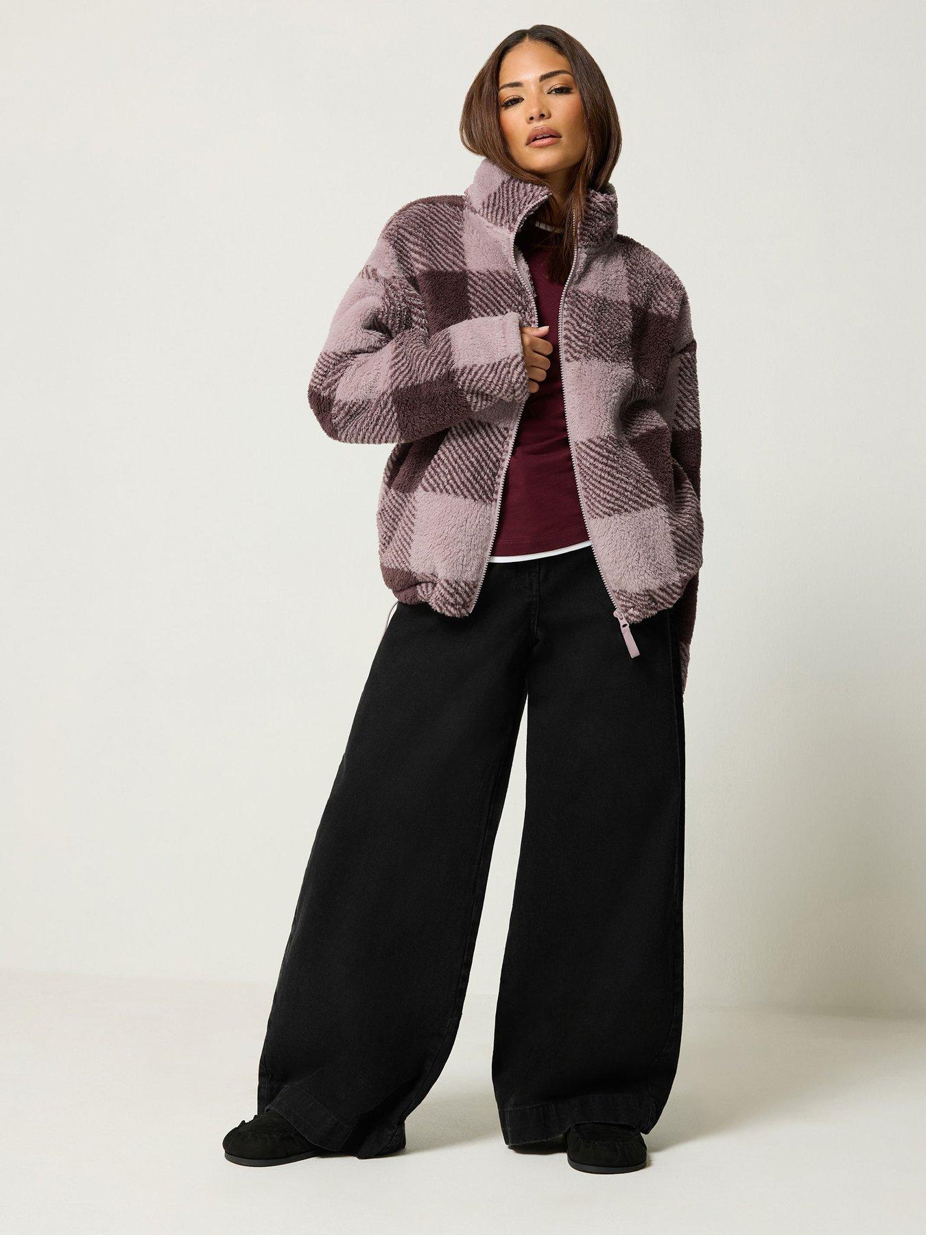 Image 3 of 4 of PixieGirl Womens Petite Check Funnel Neck Fleece Jacket - Purple