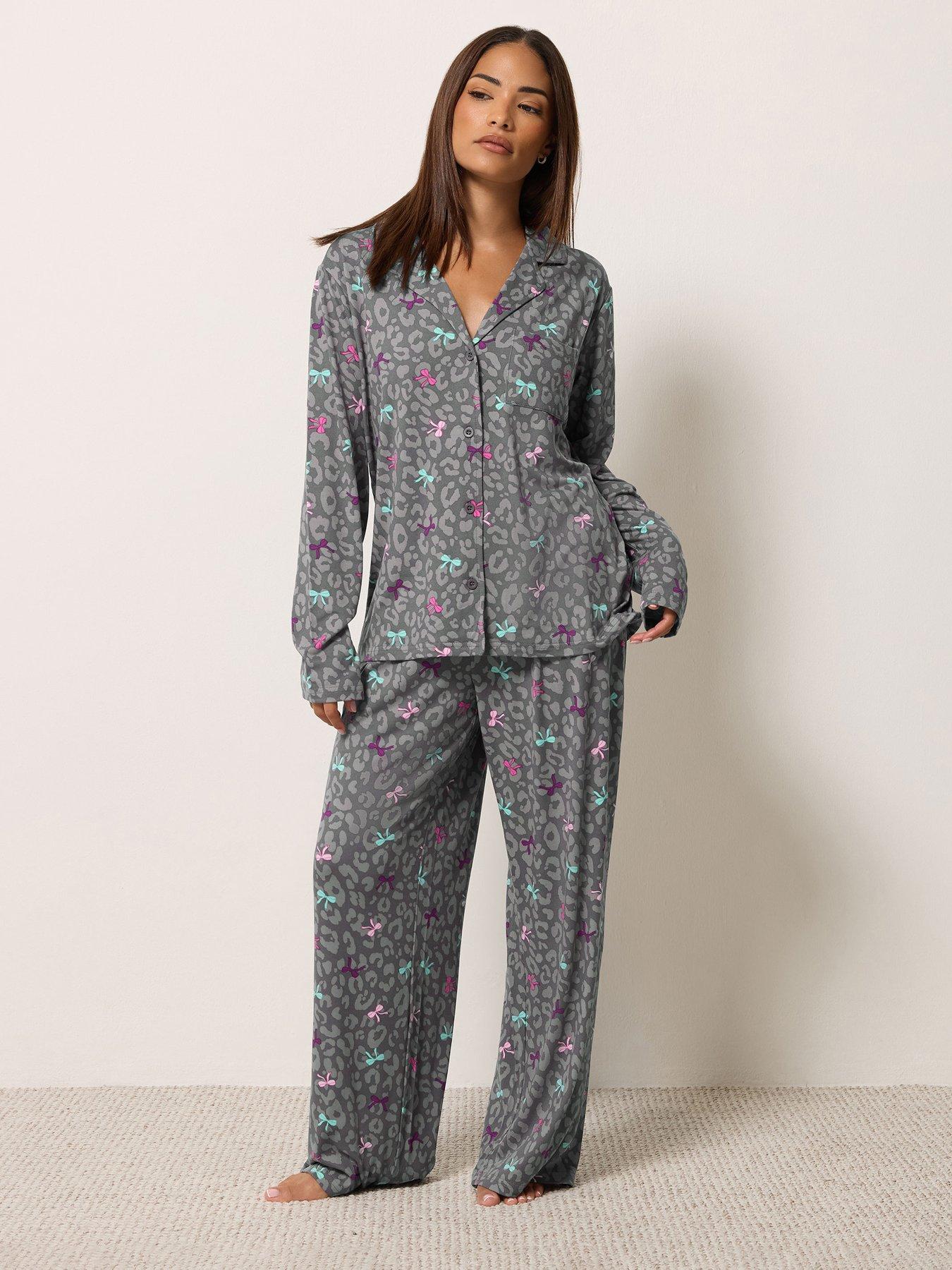 Image 1 of 4 of PixieGirl Womens Petite Soft Touch Button Front Pyjama Set - Grey