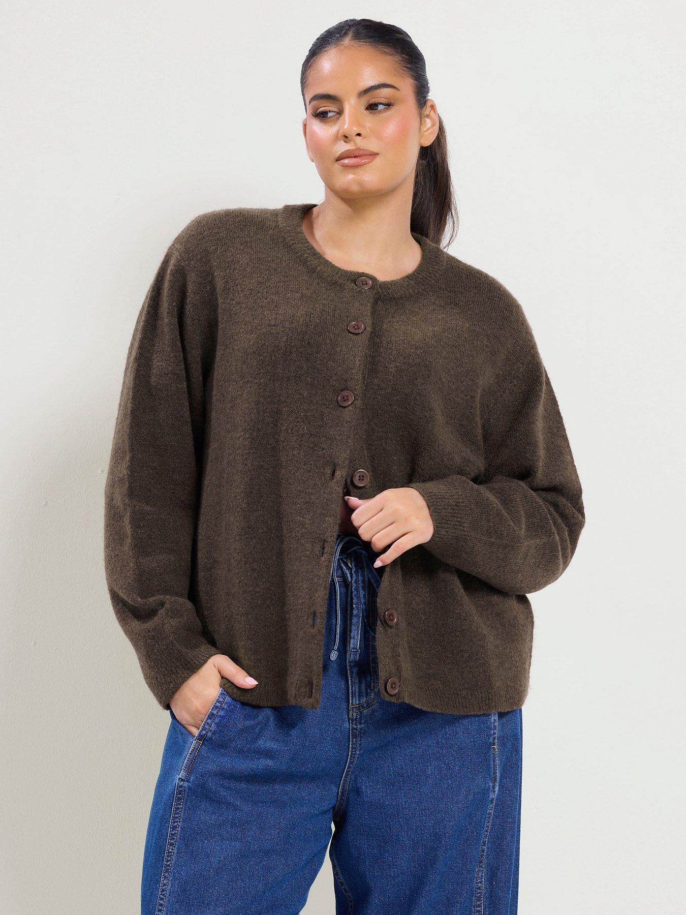 Image 1 of 4 of Yours Womens Curve Sweatshirt Neck Button-Through Knit Cardigan - Brown