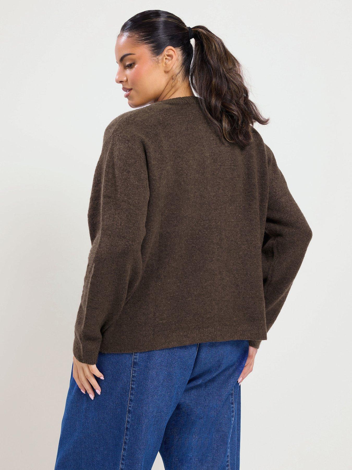 Image 2 of 4 of Yours Womens Curve Sweatshirt Neck Button-Through Knit Cardigan - Brown