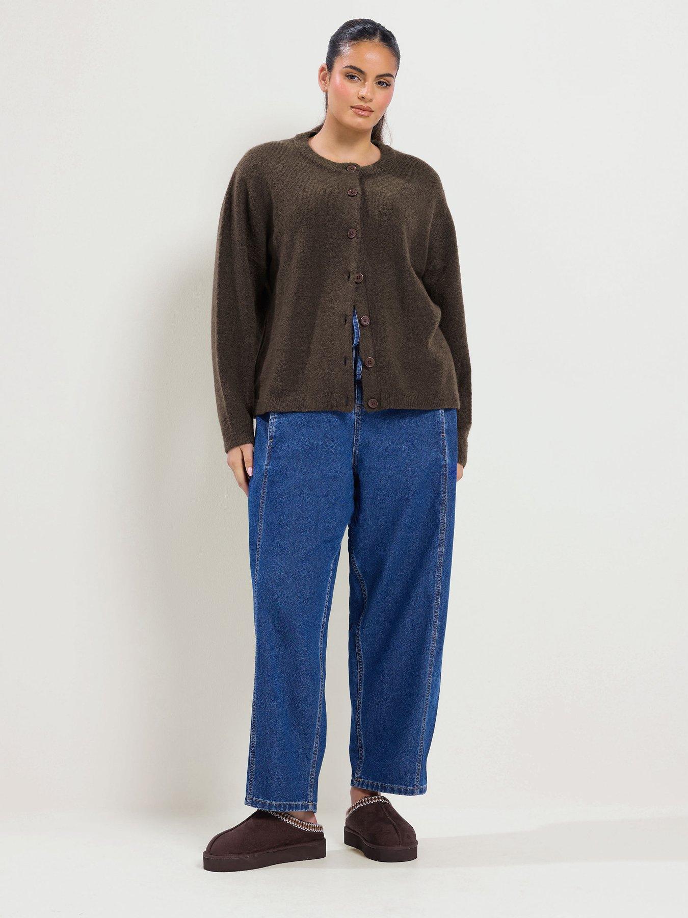 Image 3 of 4 of Yours Womens Curve Sweatshirt Neck Button-Through Knit Cardigan - Brown