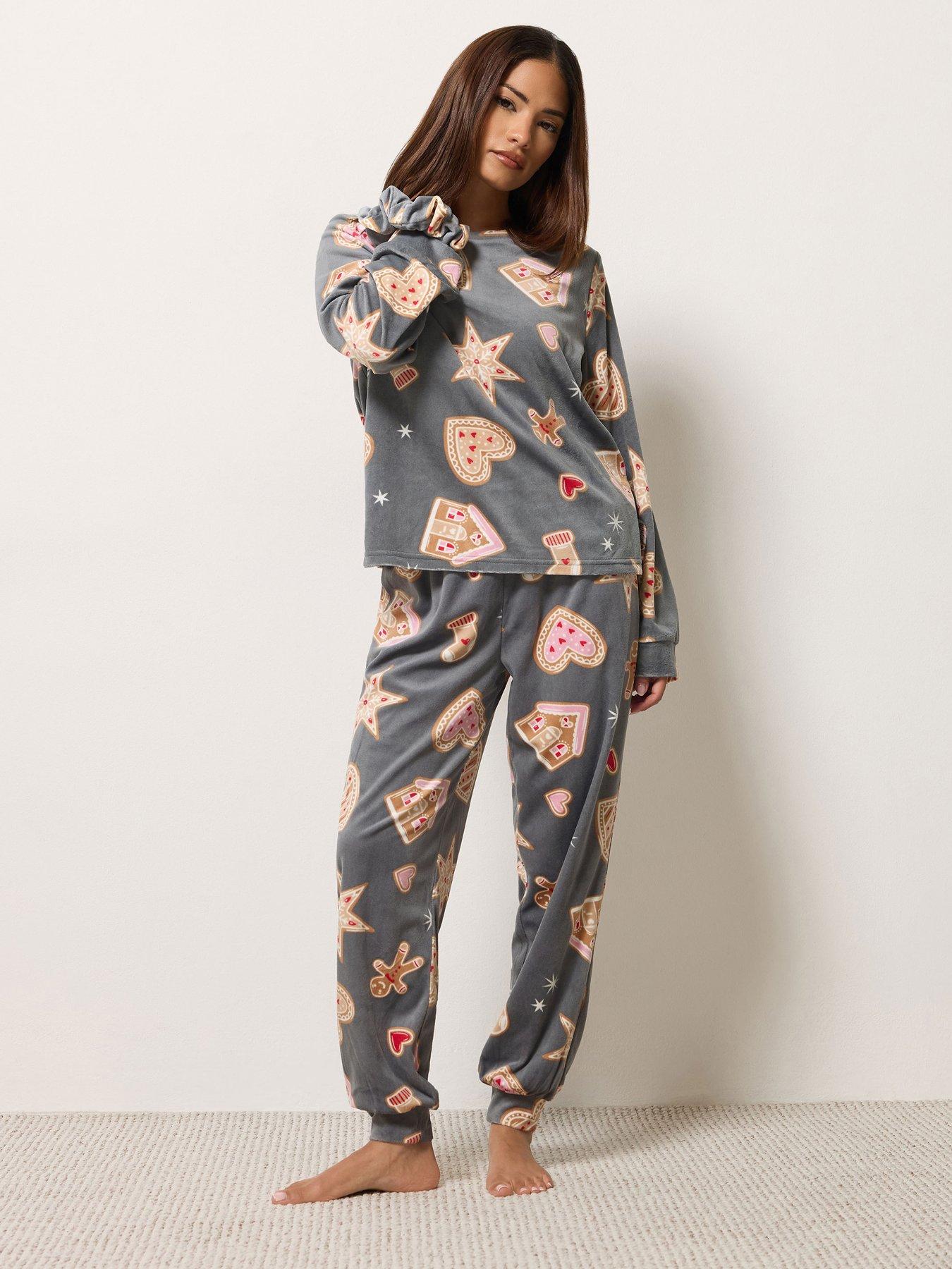 Image 1 of 4 of PixieGirl Womens Petite Christmas Biscuits Fleece Pyjama Set - Grey