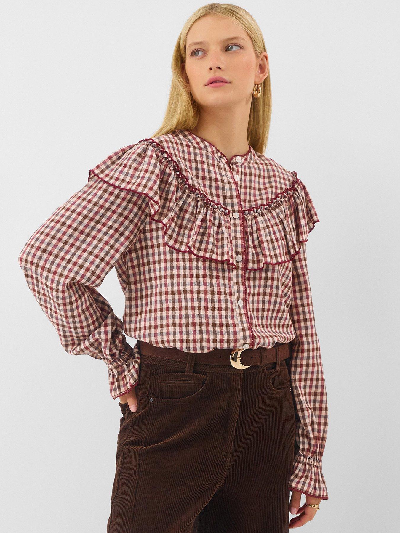 Image 1 of 4 of Accessorize Womens Gingham Frill Yoke Button-Through Blouse - Multi