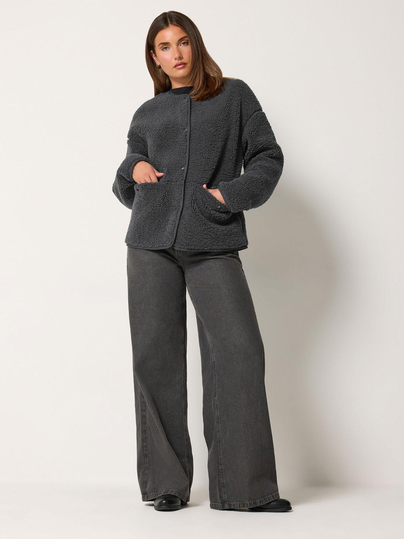 Image 3 of 4 of Long Tall Sally Womens Tall Borg Popper Front Patch Pocket Jacket - Grey