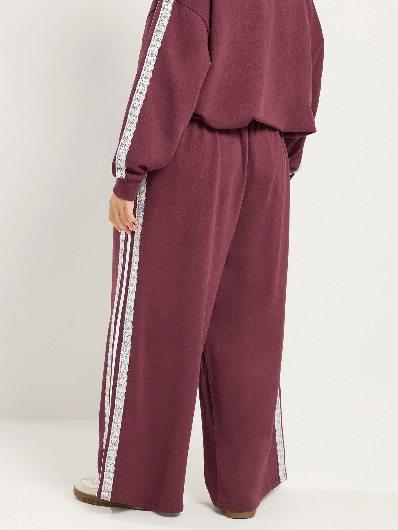 Image 2 of 4 of Yours Womens Plus Size Wide Leg Lace Trim 28" Joggers - Burgundy