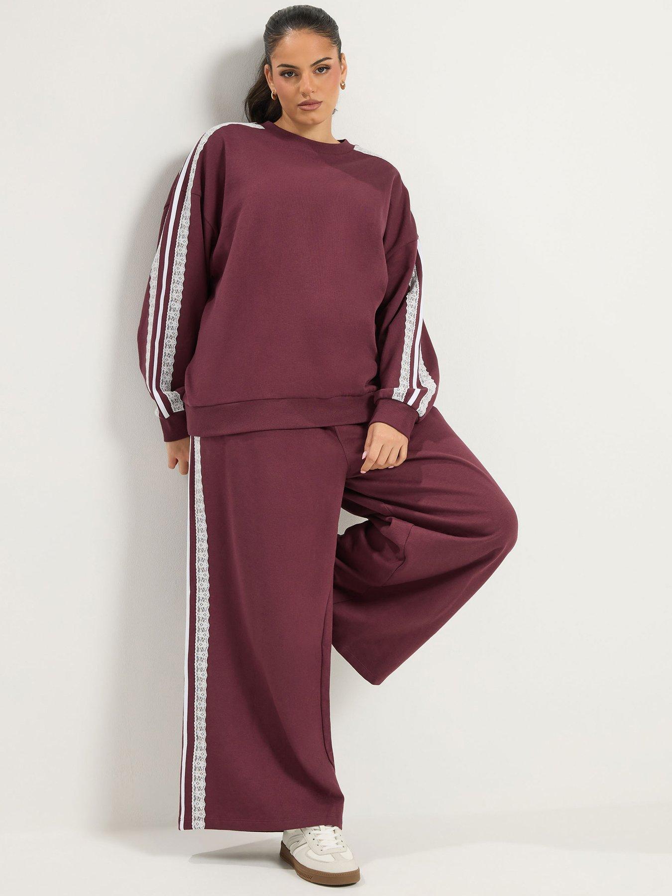 Image 3 of 4 of Yours Womens Plus Size Wide Leg Lace Trim 28" Joggers - Burgundy