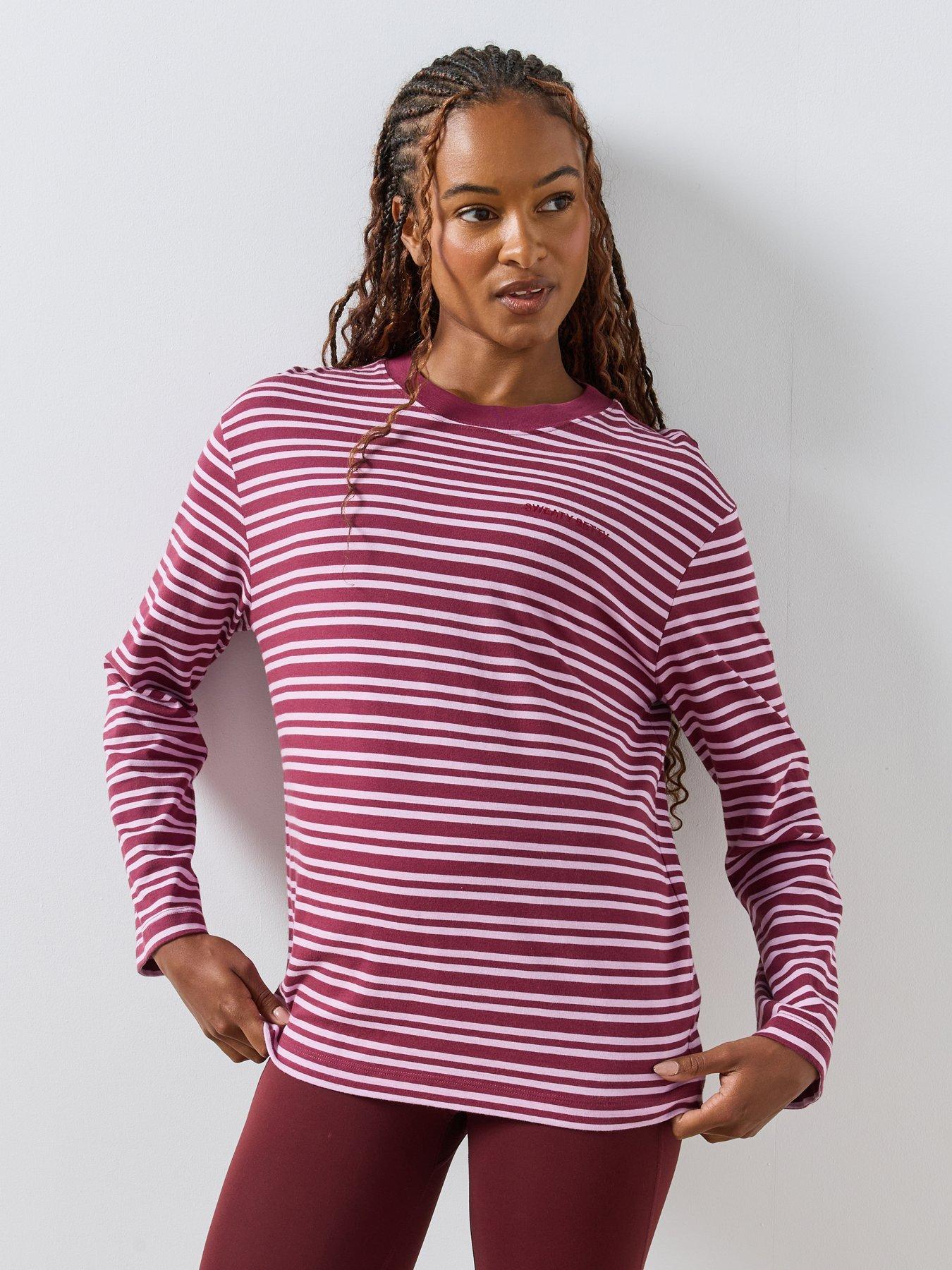 Image 1 of 6 of Sweaty Betty Womens Stripe Long Sleeve Crew Neck T-Shirt - Red