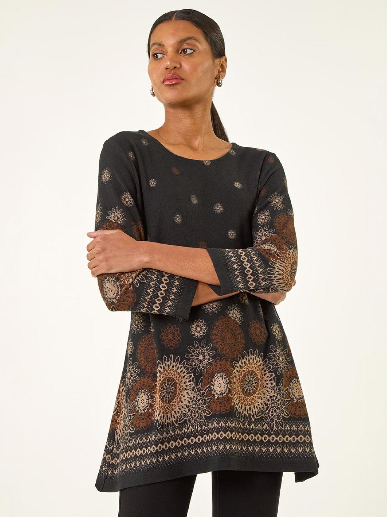 Roman Women's Black Sunflower Printed Tunic Top In Size 12 - Image 7