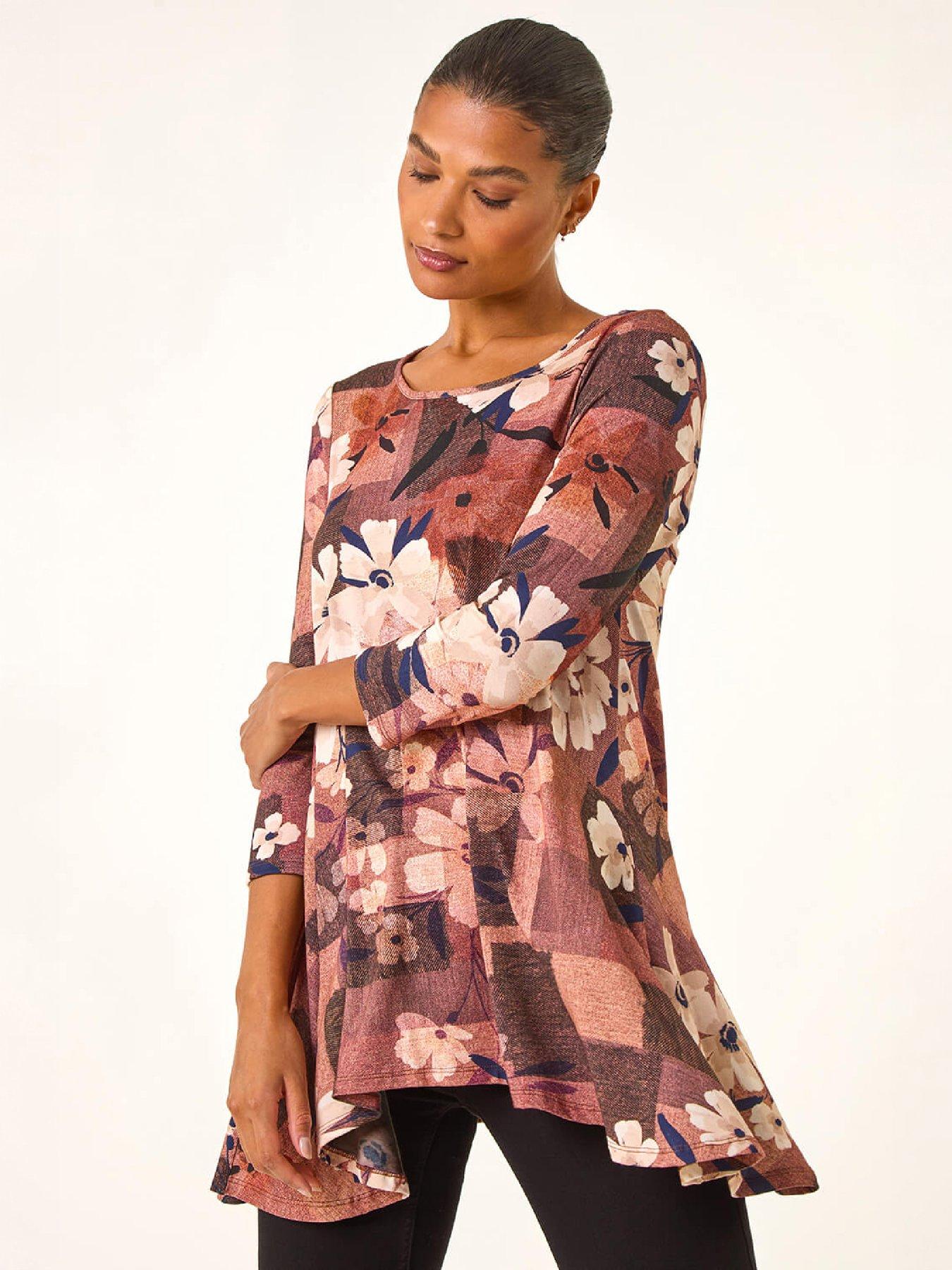 Roman Women's Brown Floral Print Hanky Hem Stretch Top In | Size: 10 - Image 2