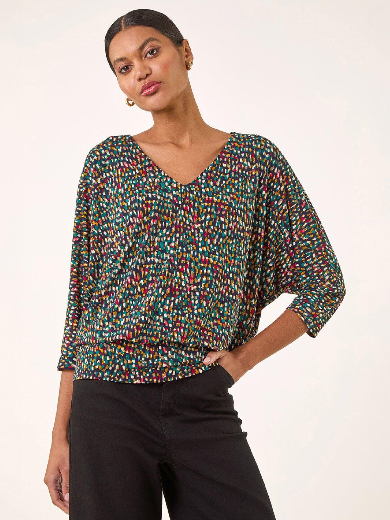 Roman Women's Green Abstract Bubble Hem Top Size 10 - Image 2