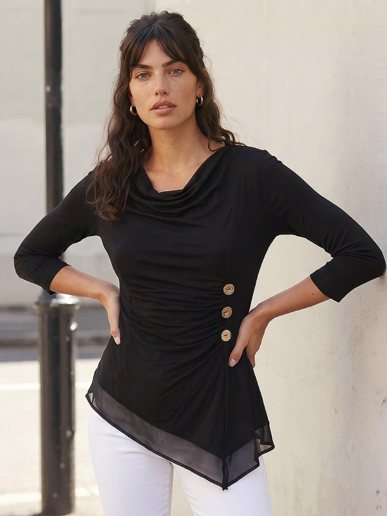 Roman Women's Black Button Detail Chiffon Hem Top In Size 20 - Image 3