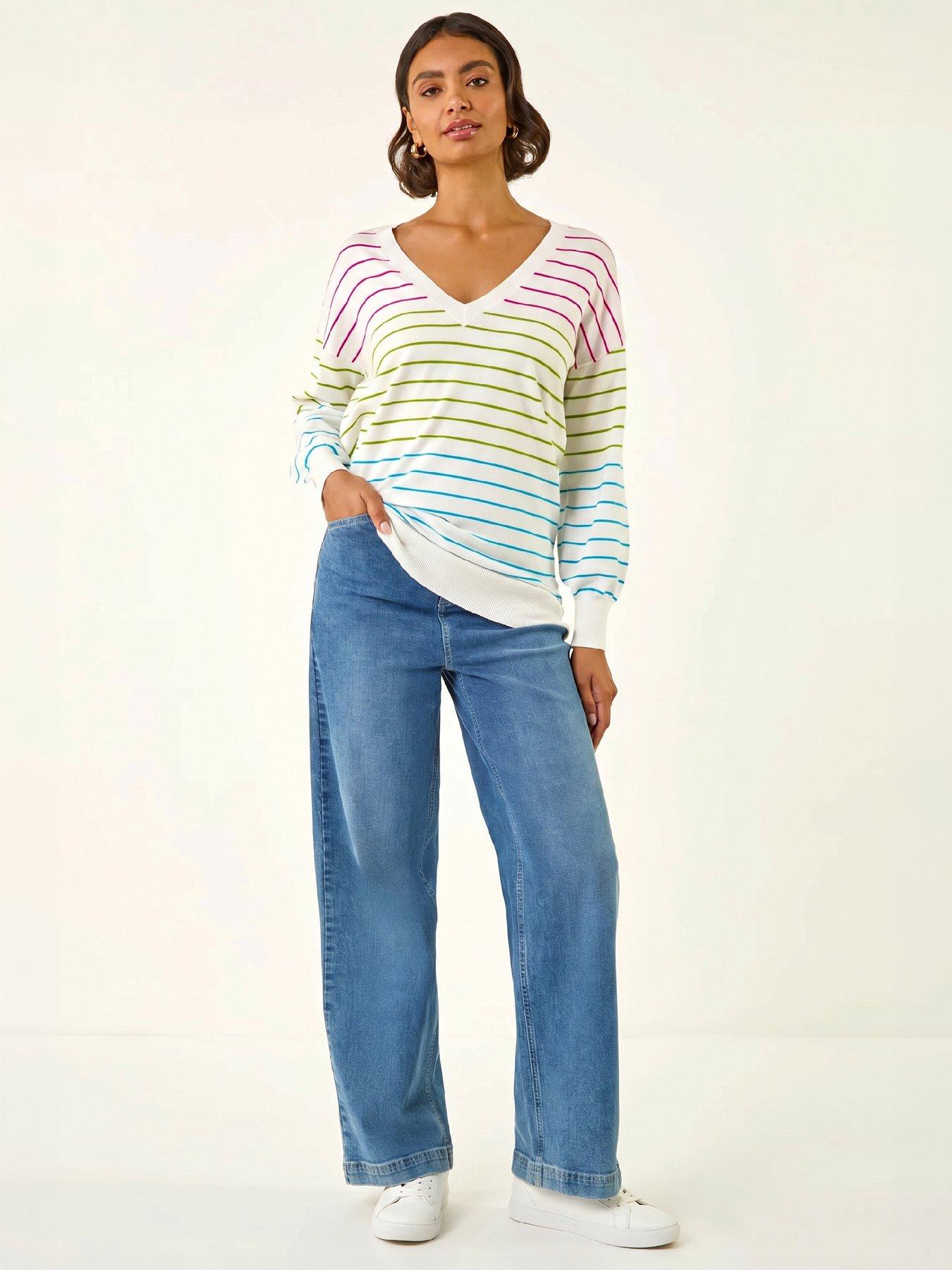 Roman Women's Ivory Stripe Boyfriend Knit Jumper Size 20 - Image 3