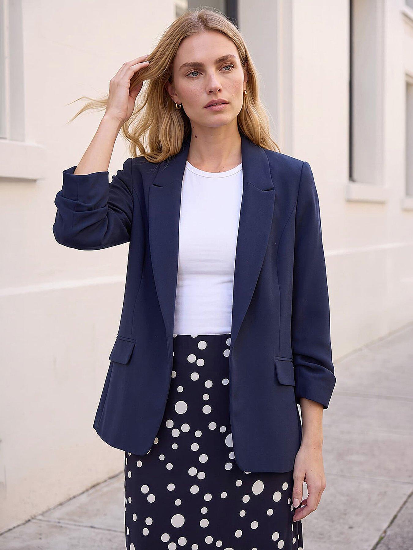 Image 1 of 4 of Roman Womens Ruched 3/4 Sleeve Blazer Jacket - Navy