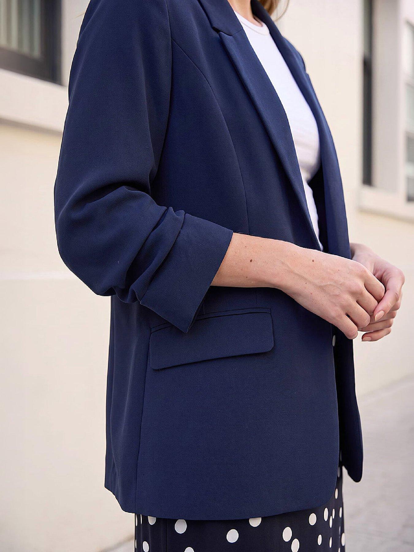 Image 3 of 4 of Roman Womens Ruched 3/4 Sleeve Blazer Jacket - Navy