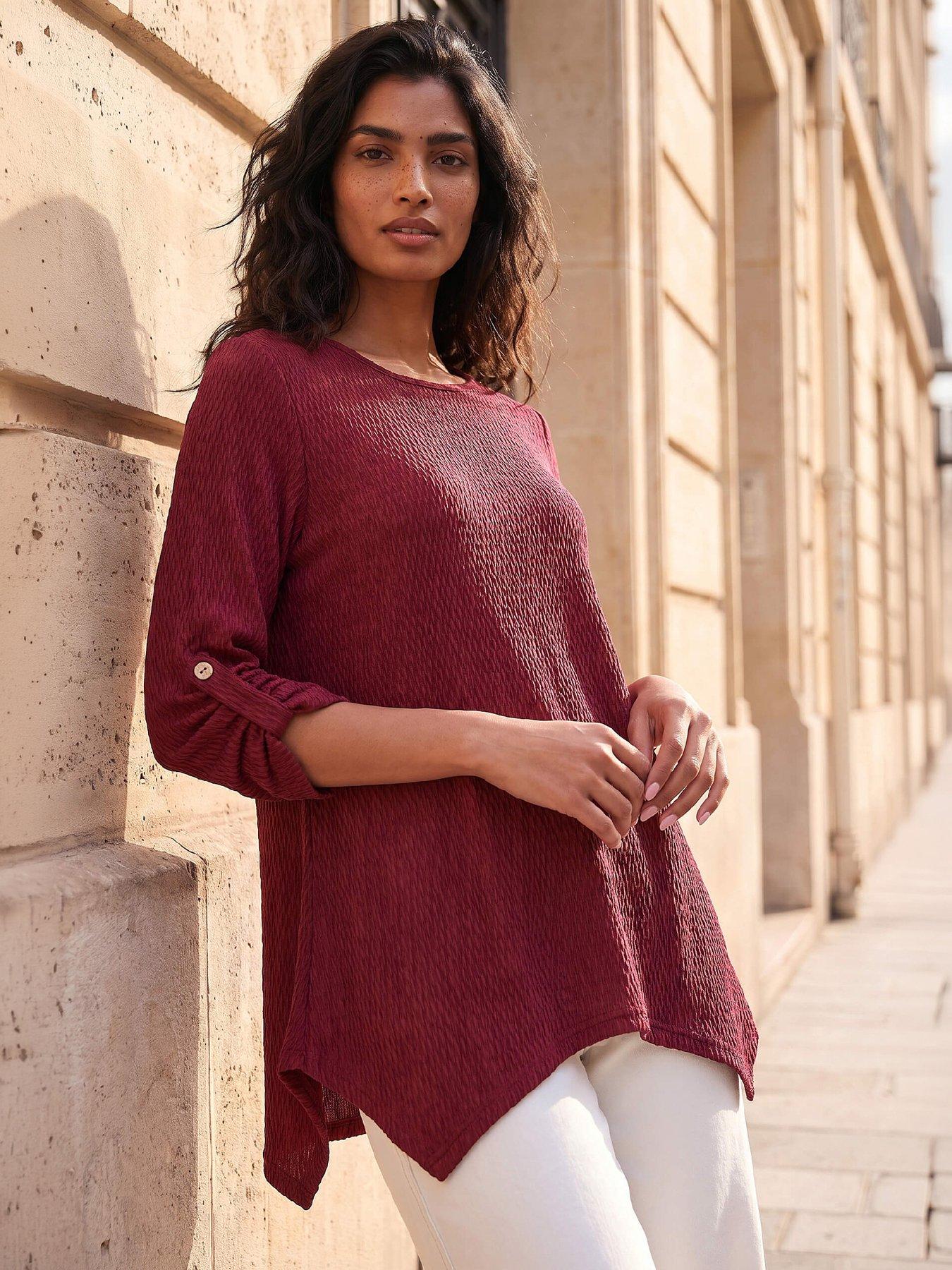 Roman Women's Burgundy Textured Stretch Tunic Top Size 18 - Image 6