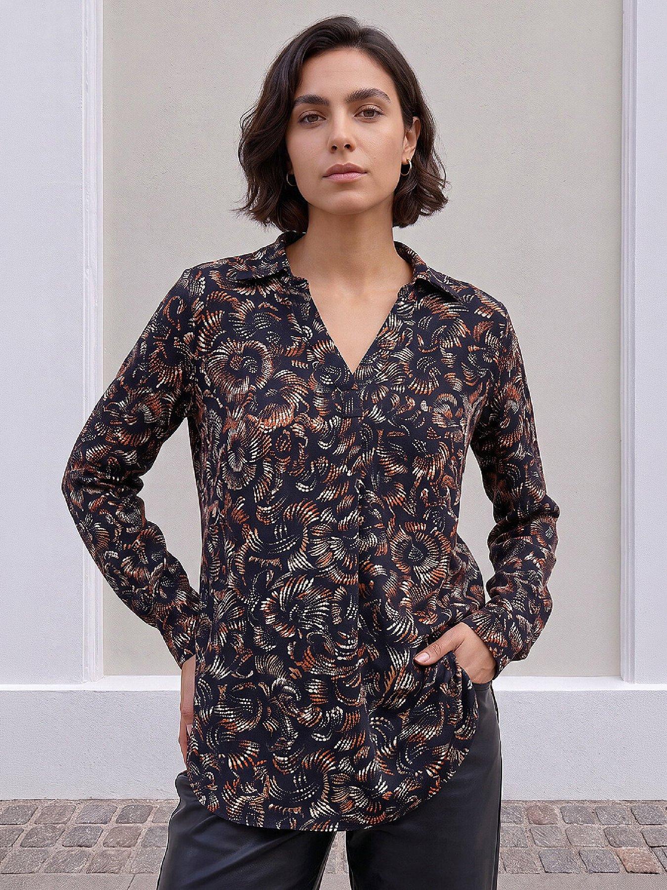 Image 1 of 4 of Roman Womens Abstract Puff Print Long Sleeve Collar Shirt - Navy