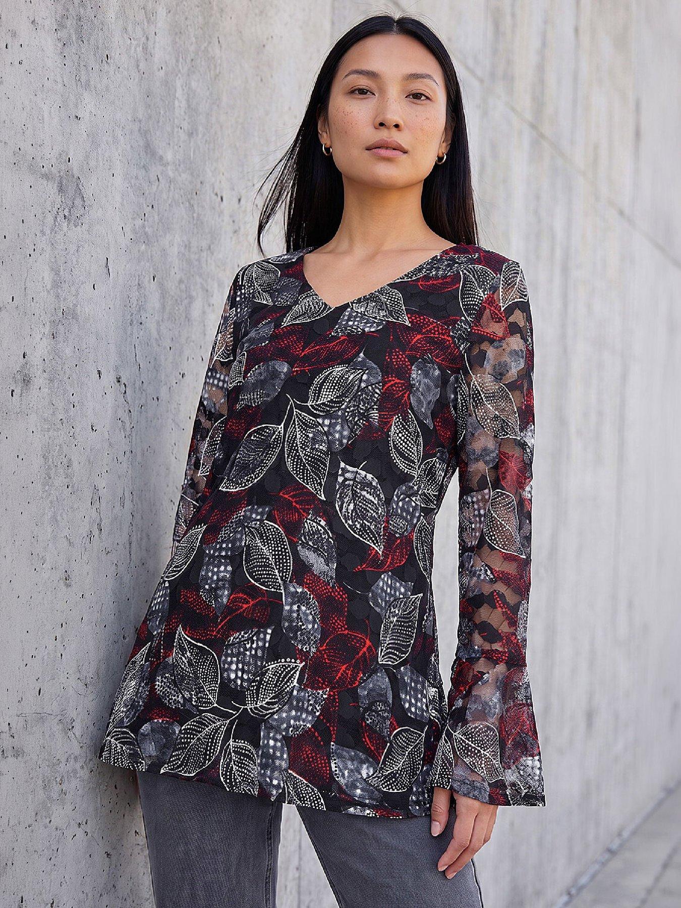 Image 1 of 4 of Roman Womens V-Neck Printed Lace Long Sleeve Top - Black