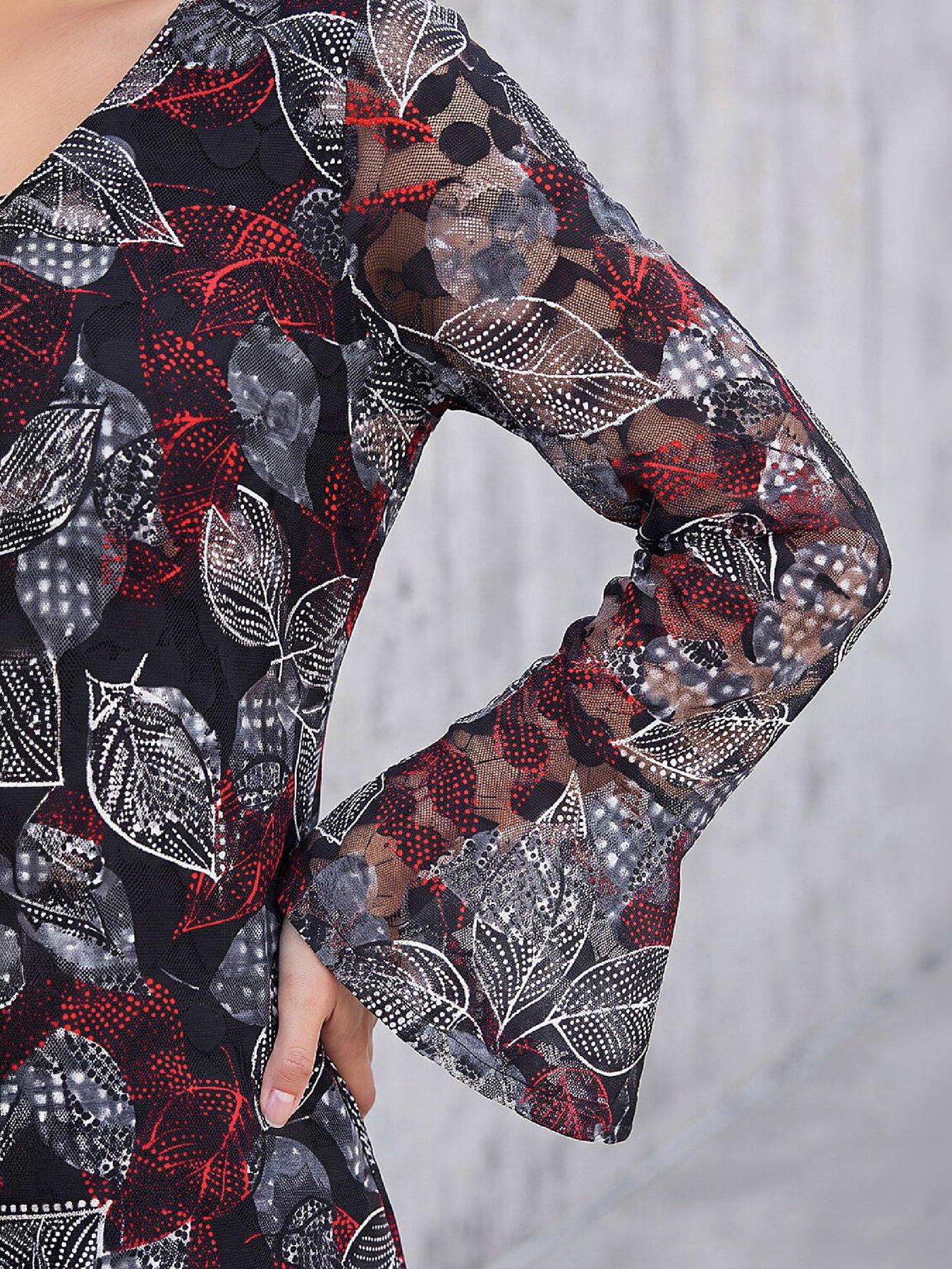 Image 2 of 4 of Roman Womens V-Neck Printed Lace Long Sleeve Top - Black