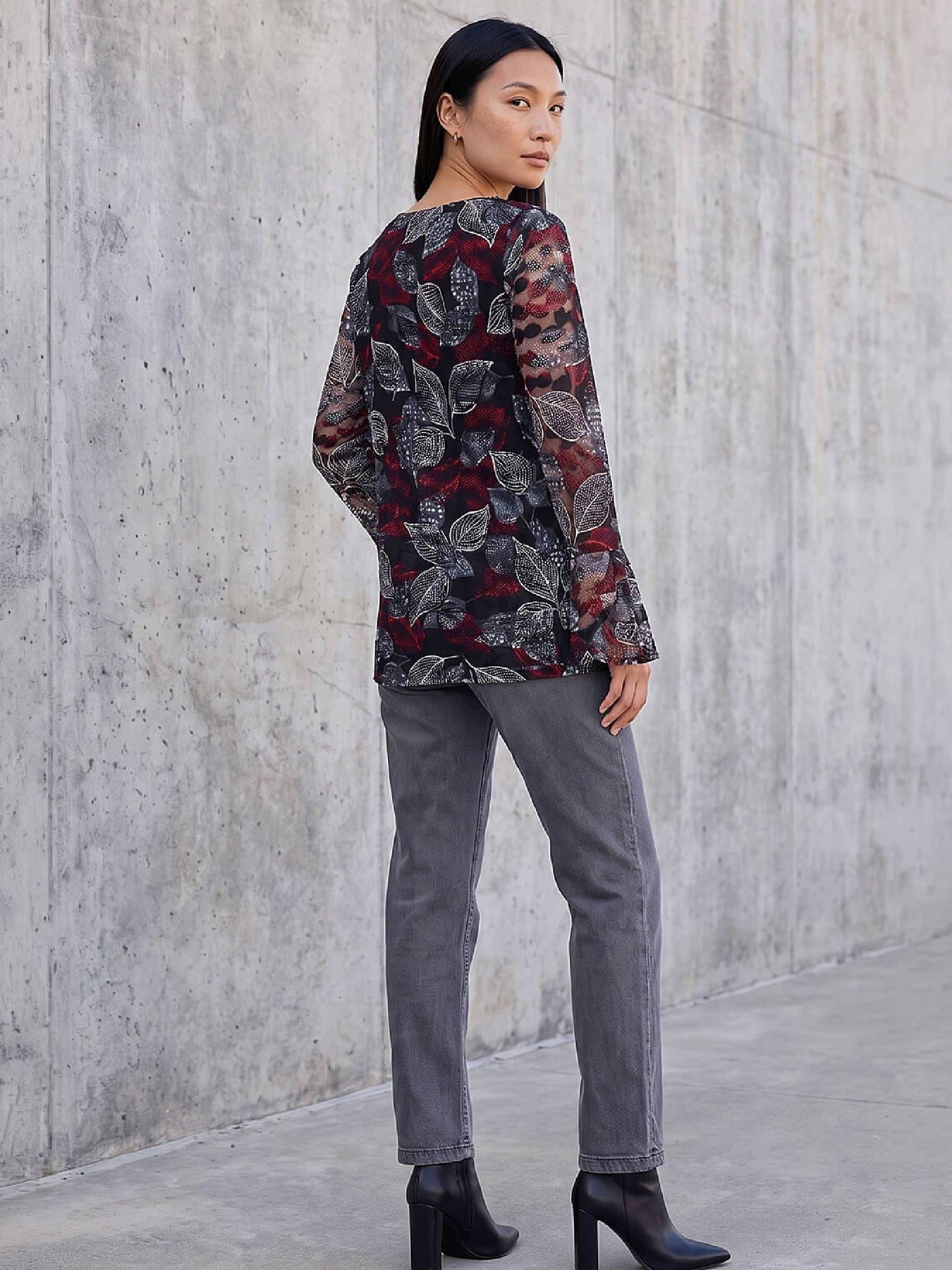 Image 3 of 4 of Roman Womens V-Neck Printed Lace Long Sleeve Top - Black