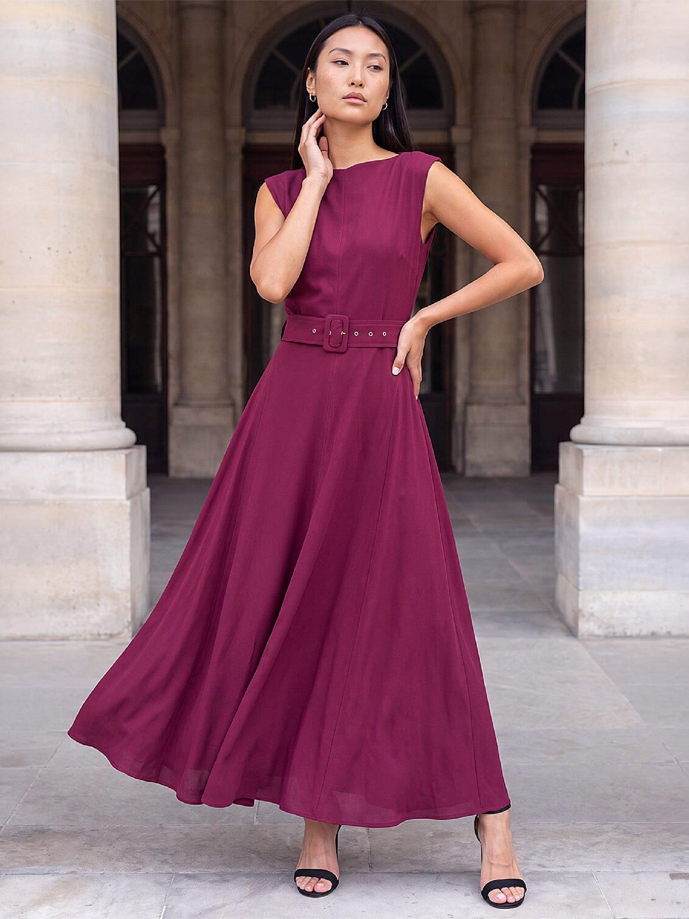 Roman Wine Belted Fit Flare Dress - Image 3