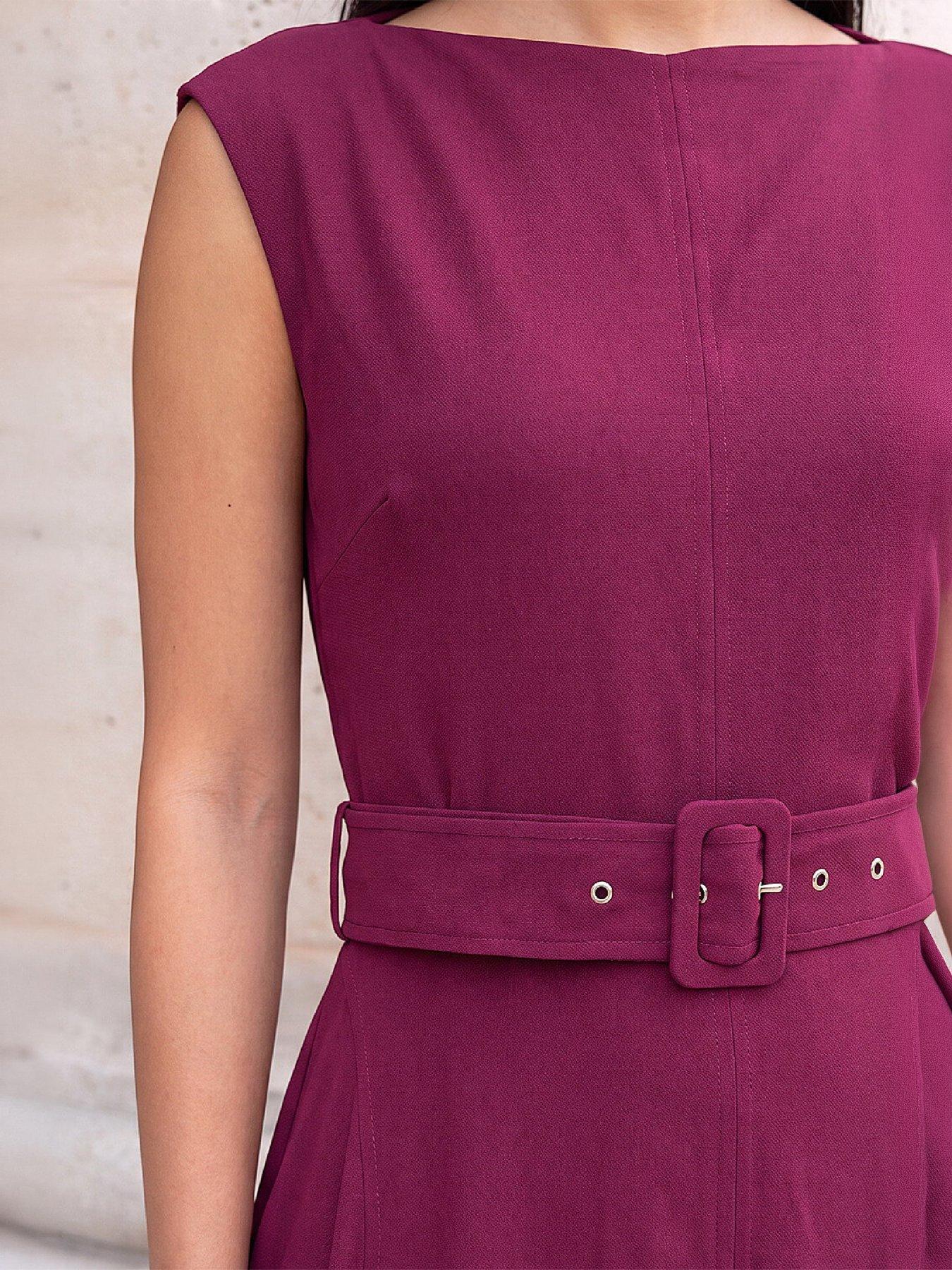 Image 2 of 4 of Roman Womens Belted Fit And Flare High Neck Midi Dress - Red