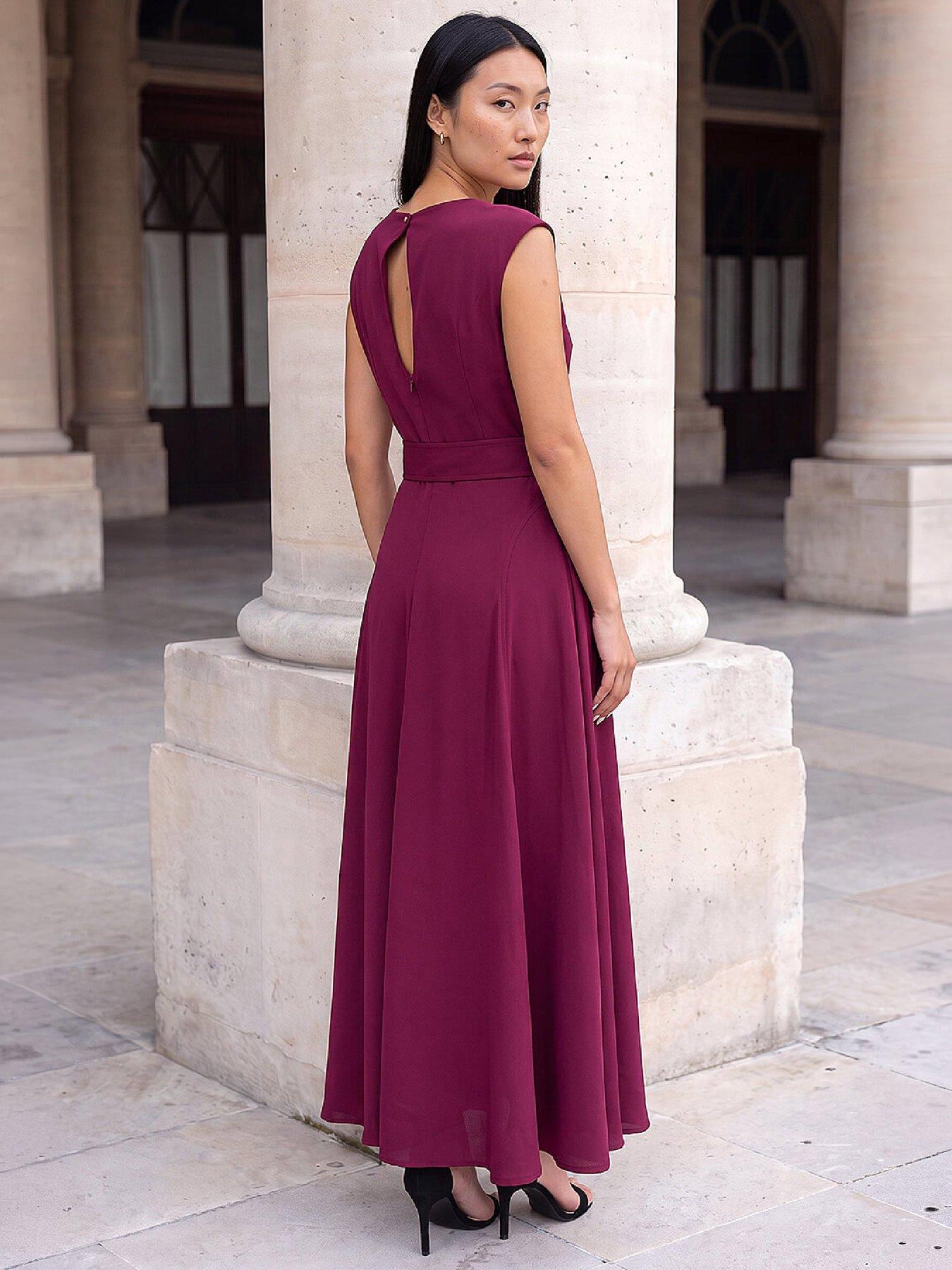 Image 3 of 4 of Roman Womens Belted Fit And Flare High Neck Midi Dress - Red