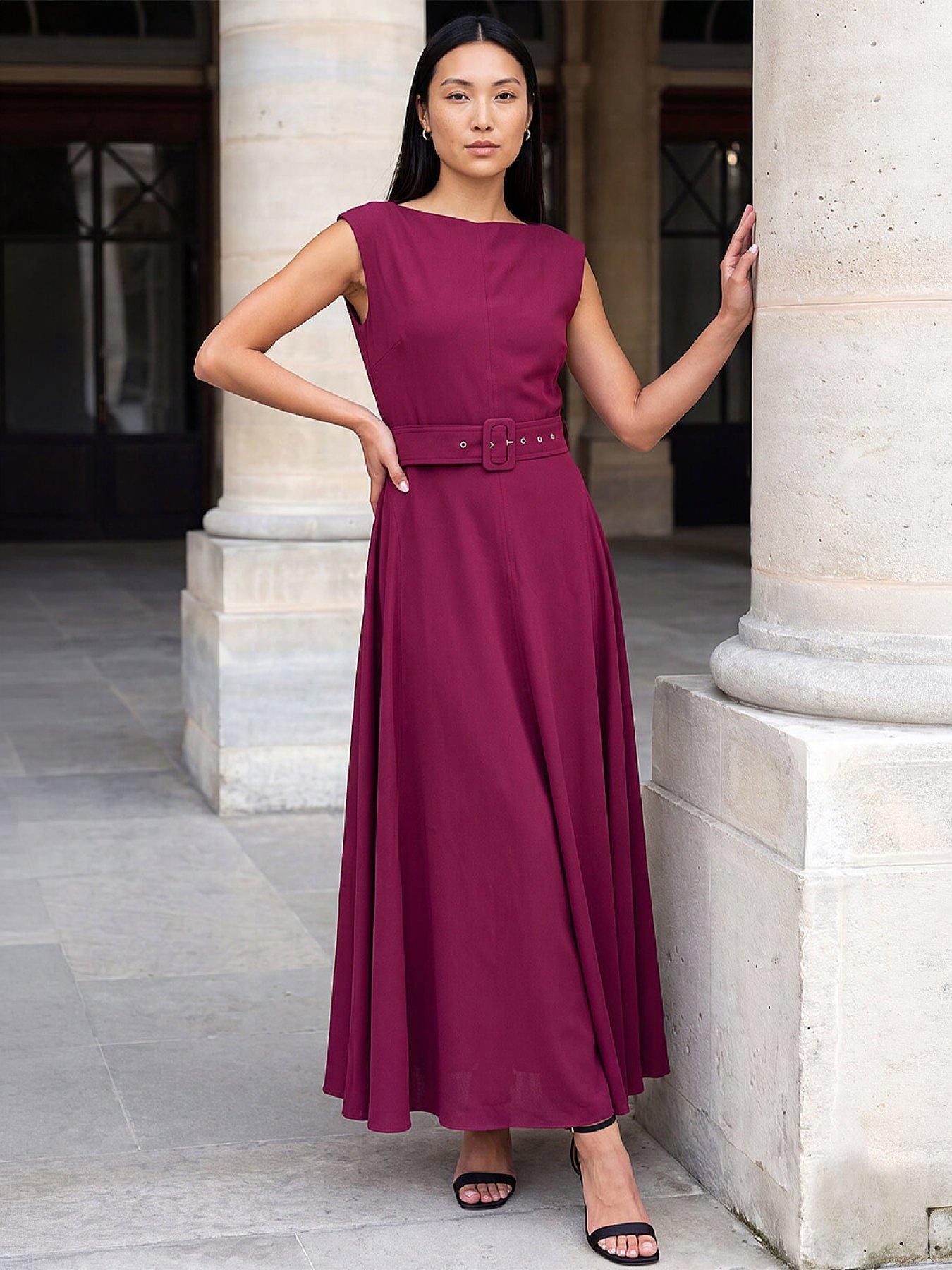 Image 4 of 4 of Roman Womens Belted Fit And Flare High Neck Midi Dress - Red