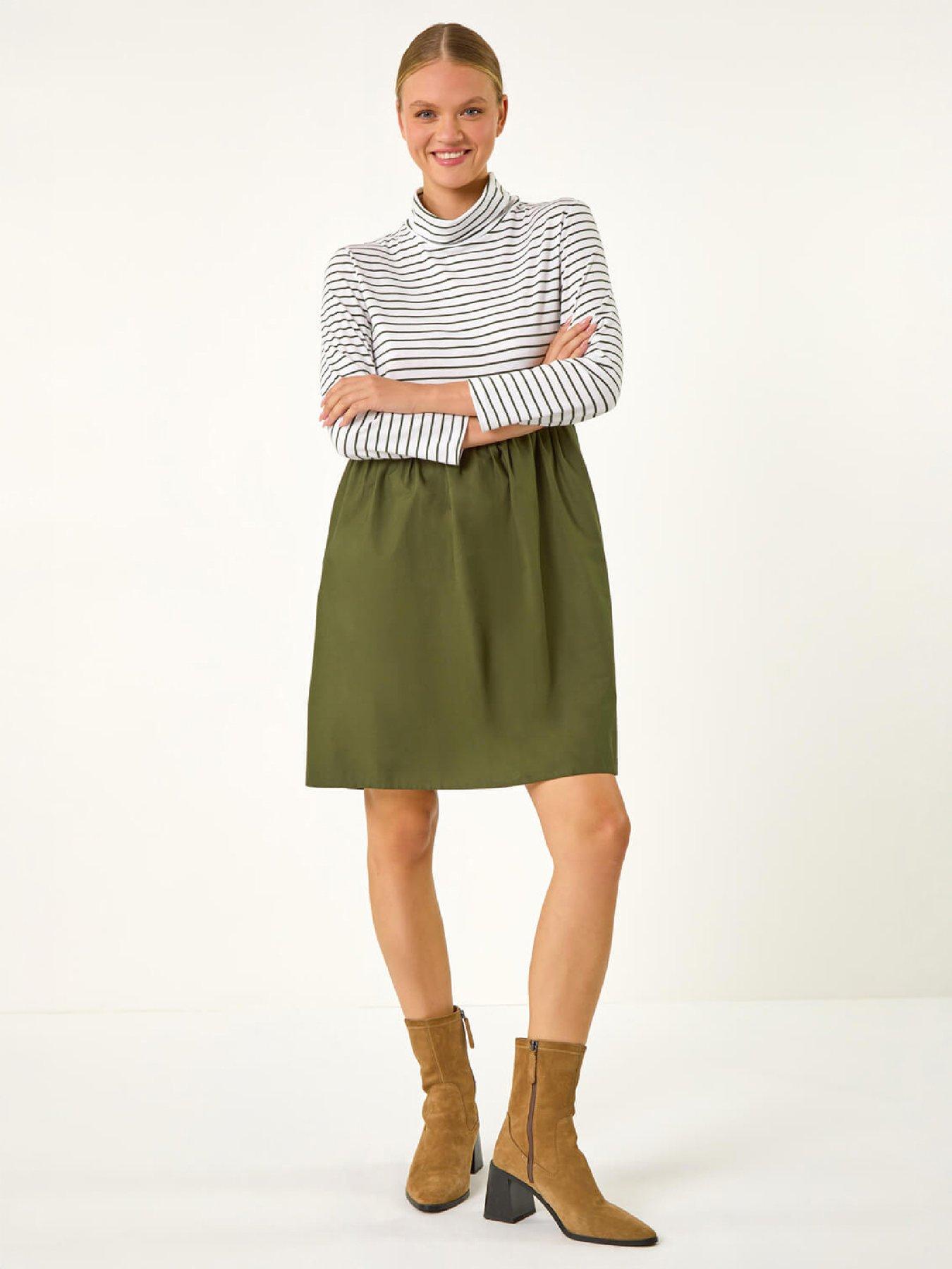 Roman Women's Khaki Stripe Print High Neck Smock Dress In Size 16 - Image 2