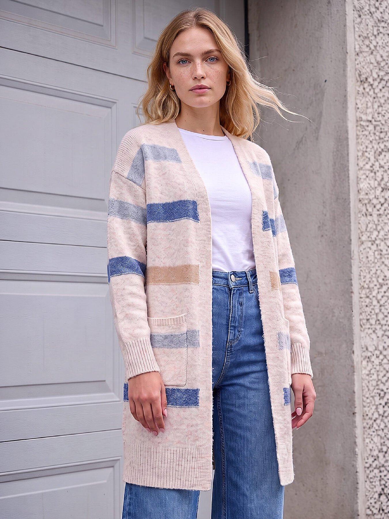 Roman Women's Stone Soft Knit Stripe Cardigan Sweater In | : Size 10 - Image 2